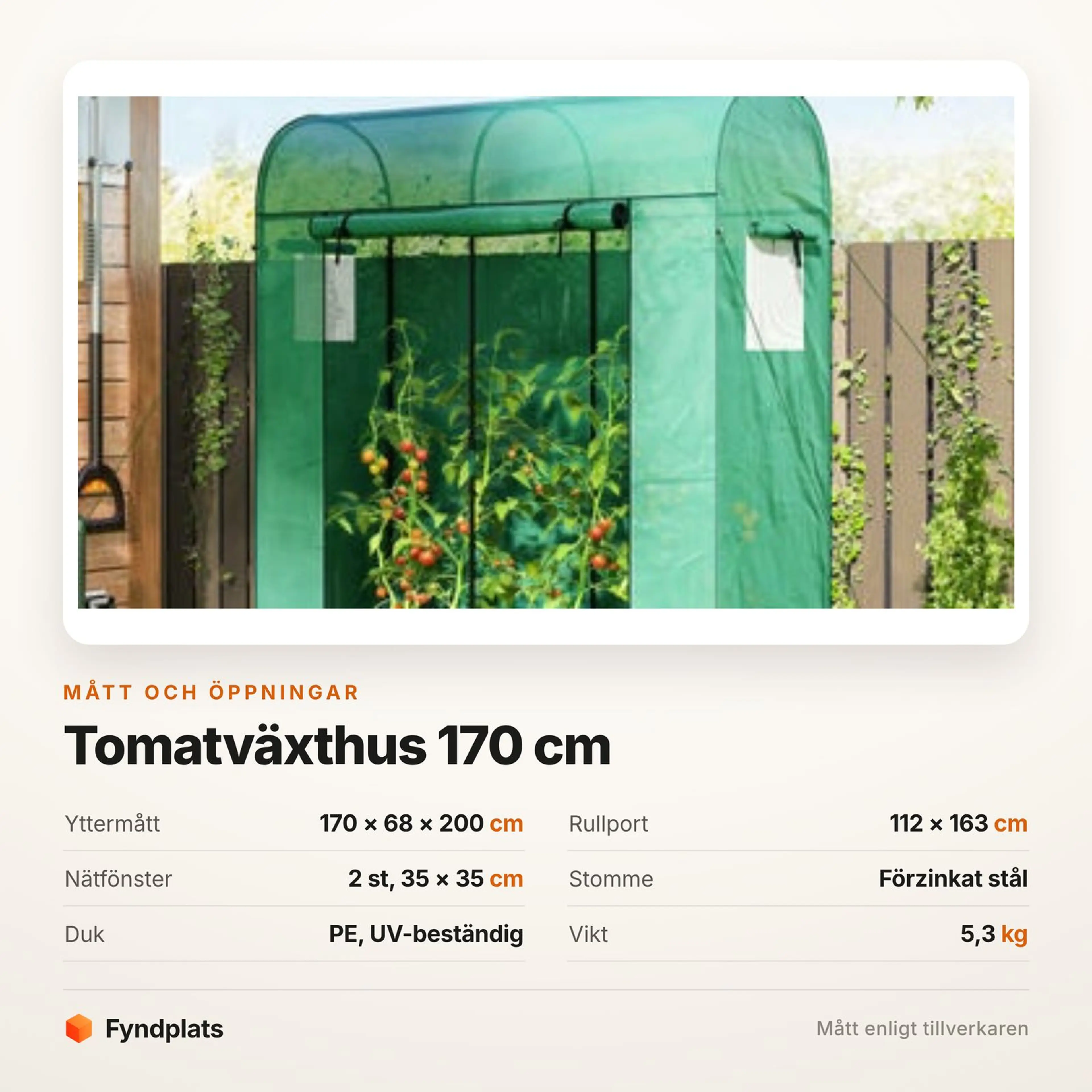 Spec-kort med mått och öppningar för tomatväxthuset på 170 cm