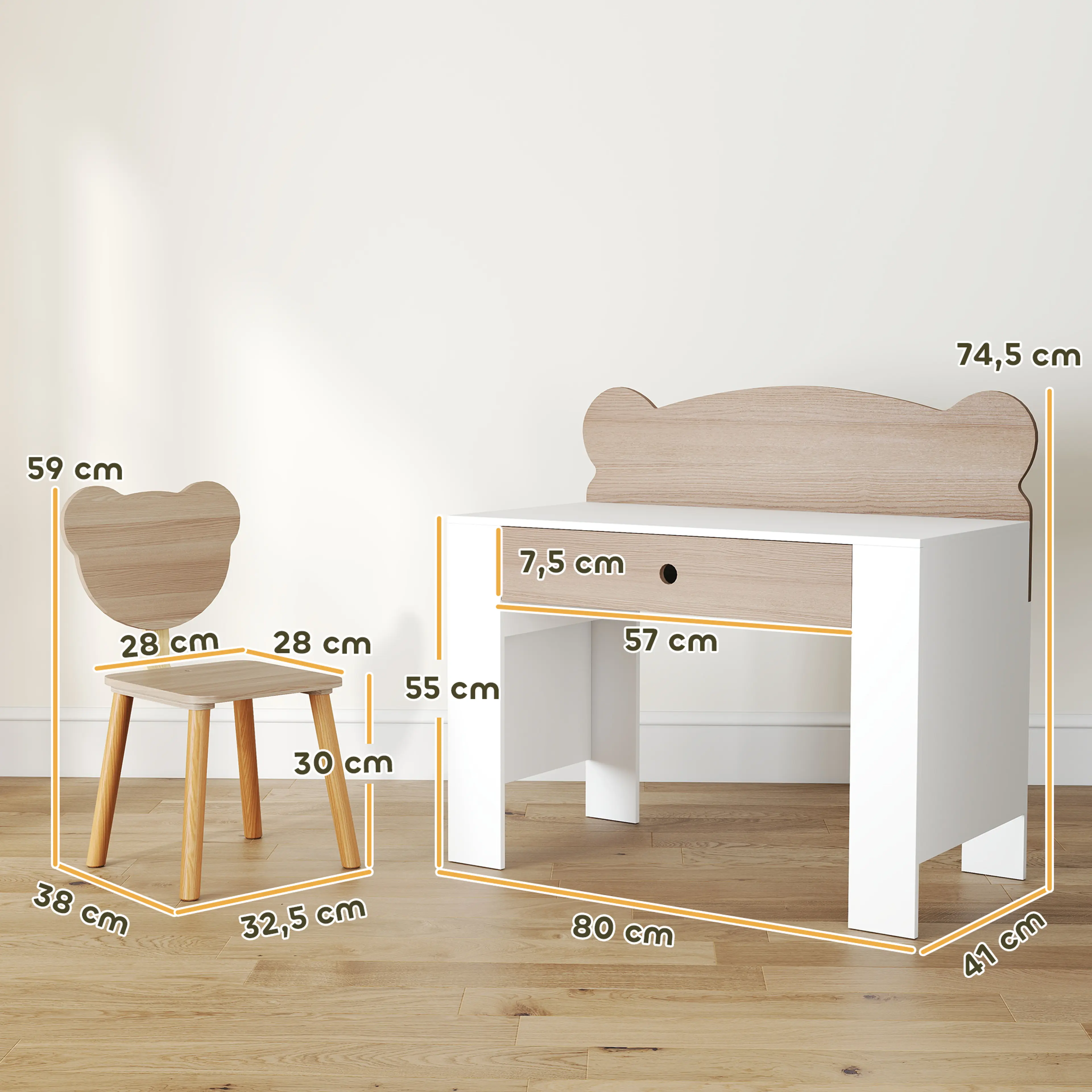 Måttbild: skrivbordet är 80 × 41 × 74,5 cm och stolen 32,5 × 38 × 59 cm