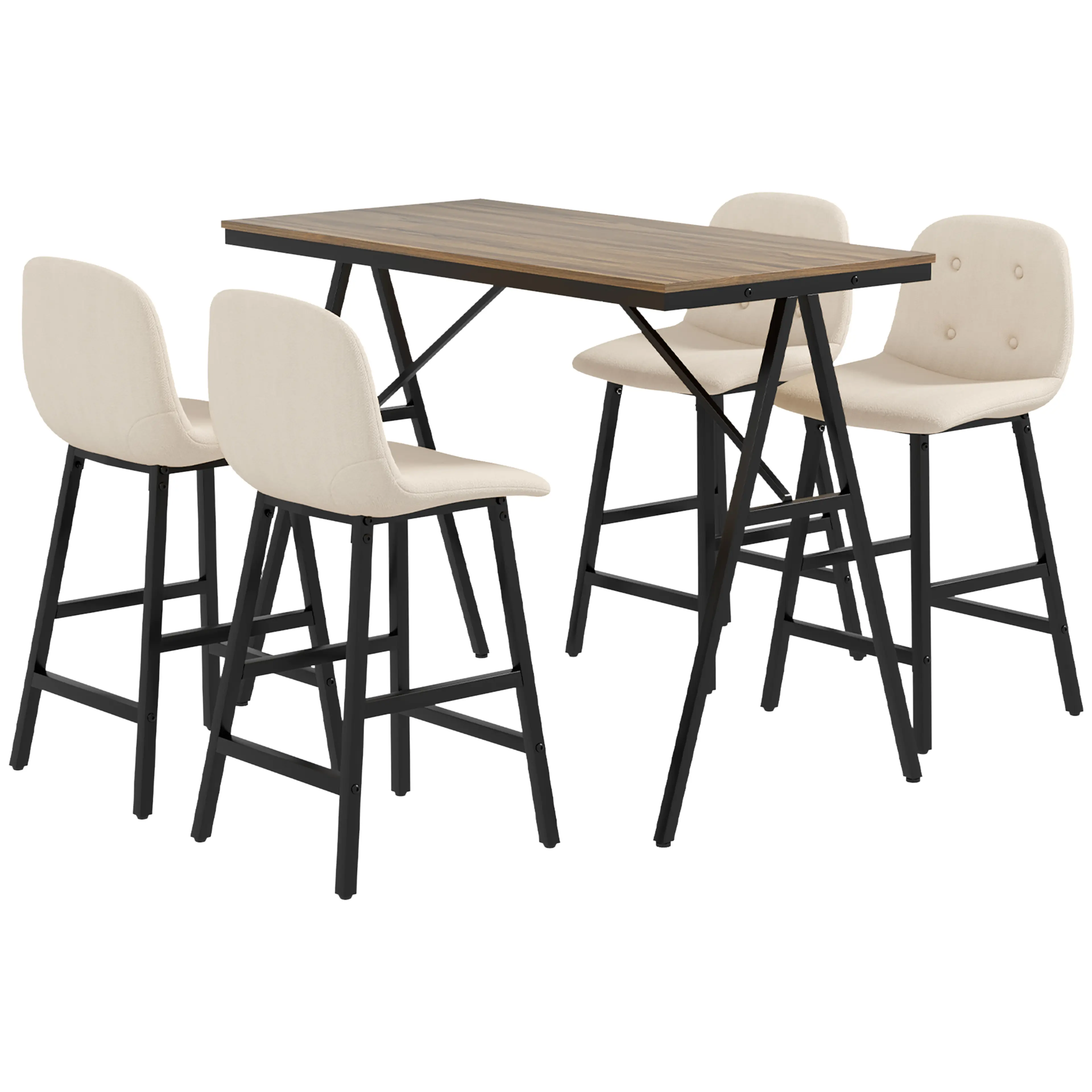 Barbord i trälook på svarta A-ben med fyra stoppade barstolar i beige tyg, på vit bakgrund