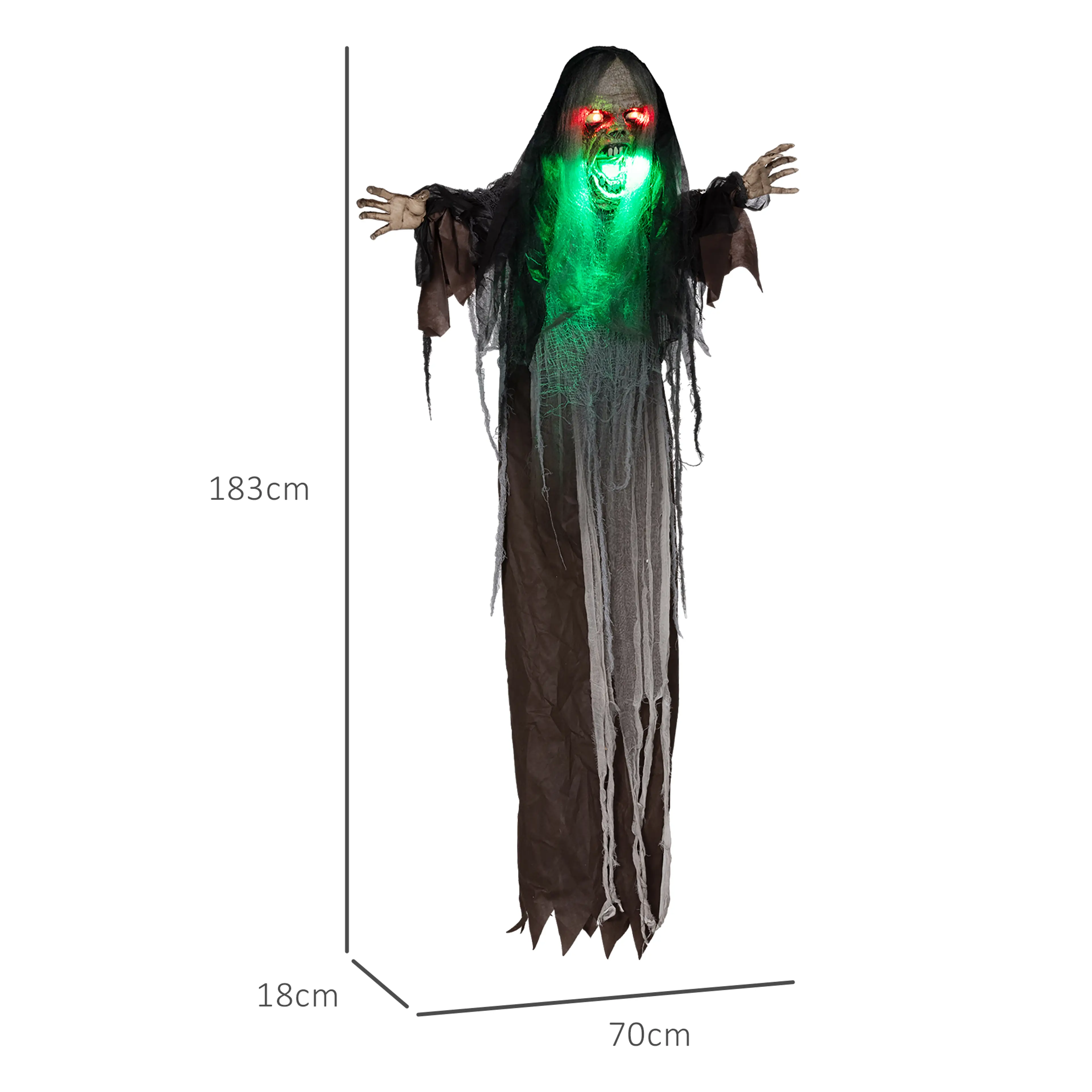 Måttbild: halloweenfiguren är 70 cm bred, 18 cm djup och 183 cm hög