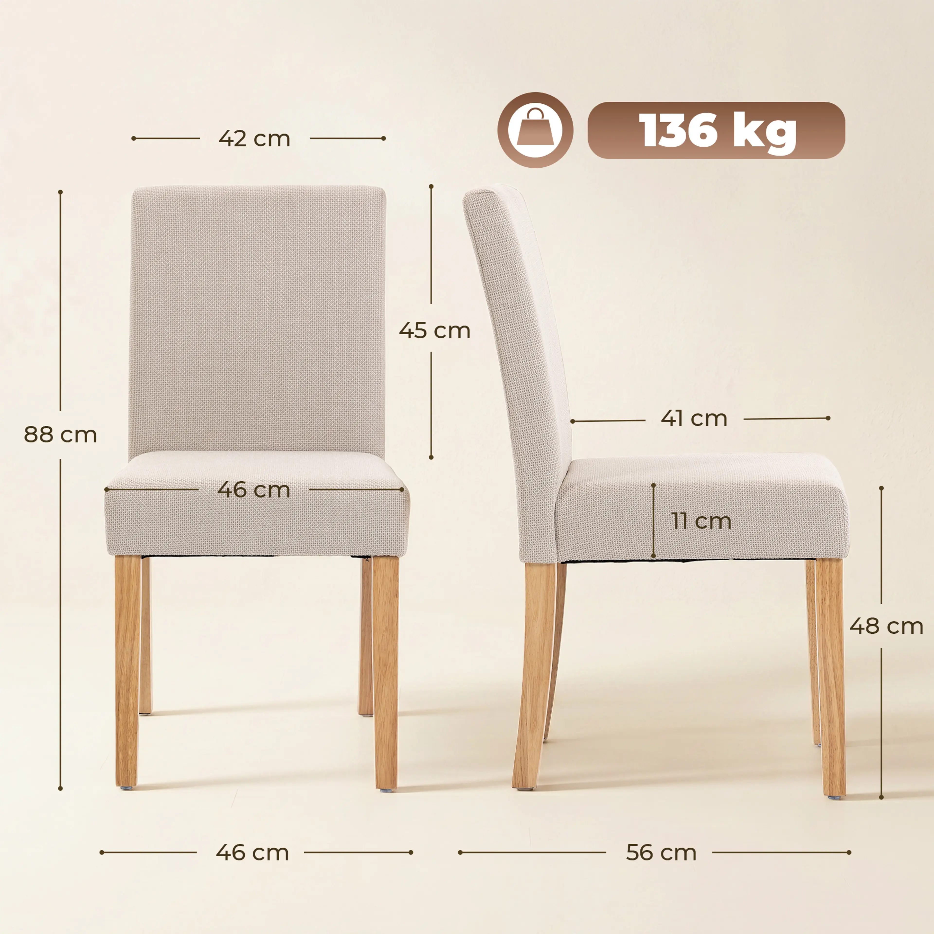 Matstolar 2-pack i cremevit tyg med tjock sits – bild 4