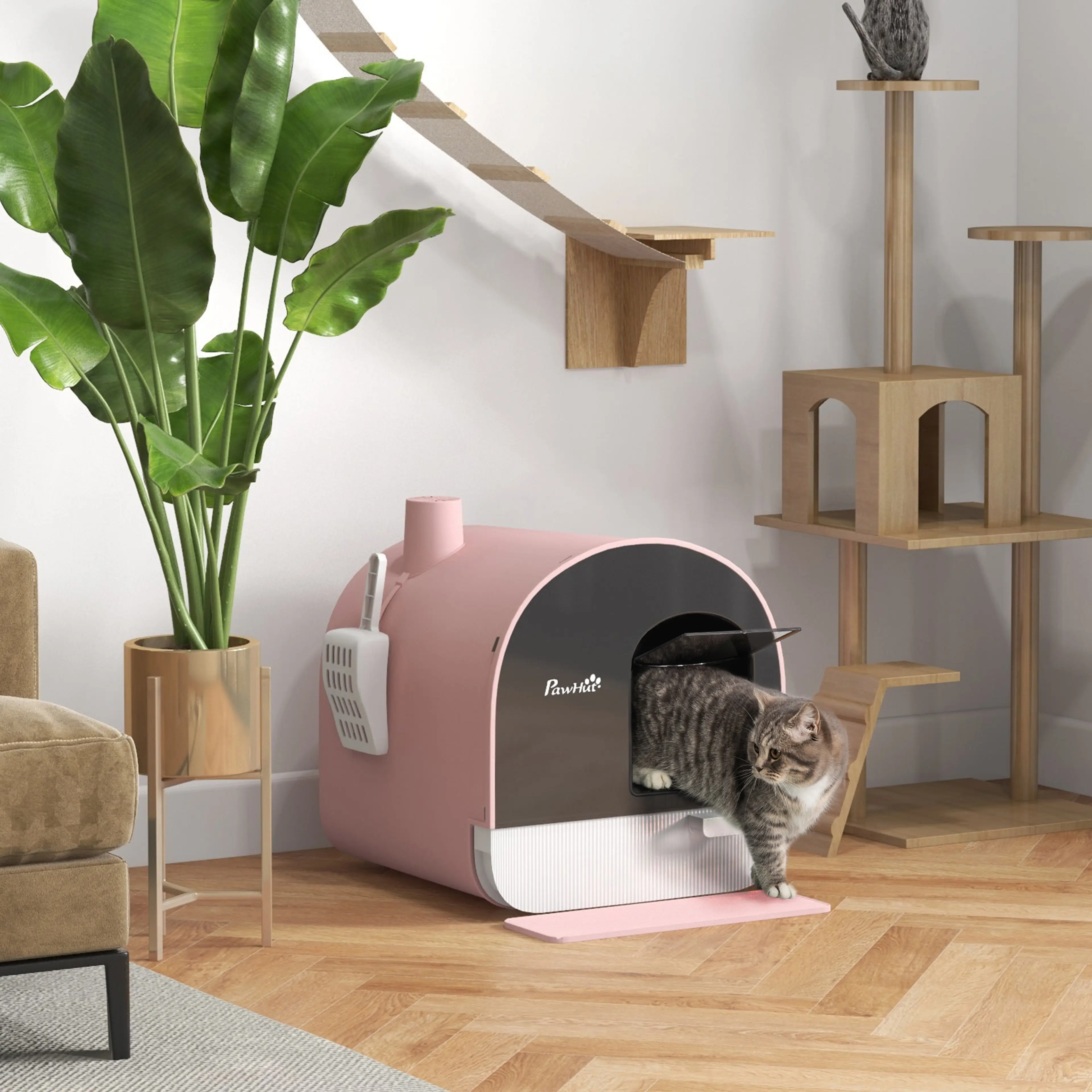 Täckt kattlåda med skopa, luktfilter och matta – sluten design 47 cm