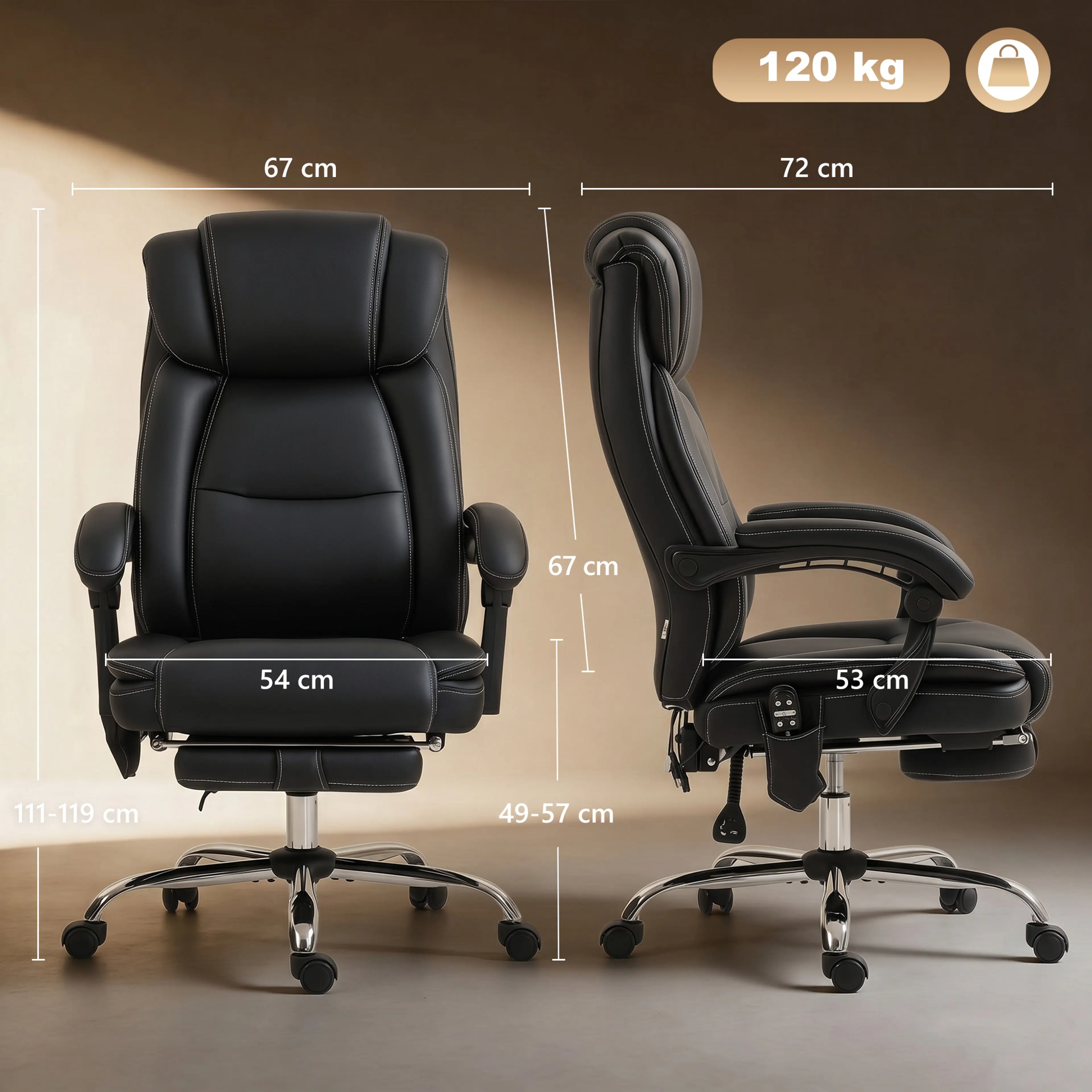 Måttritning med bredd 67 cm, djup 72 cm, sitsbredd 54 cm och höjd 111–119 cm