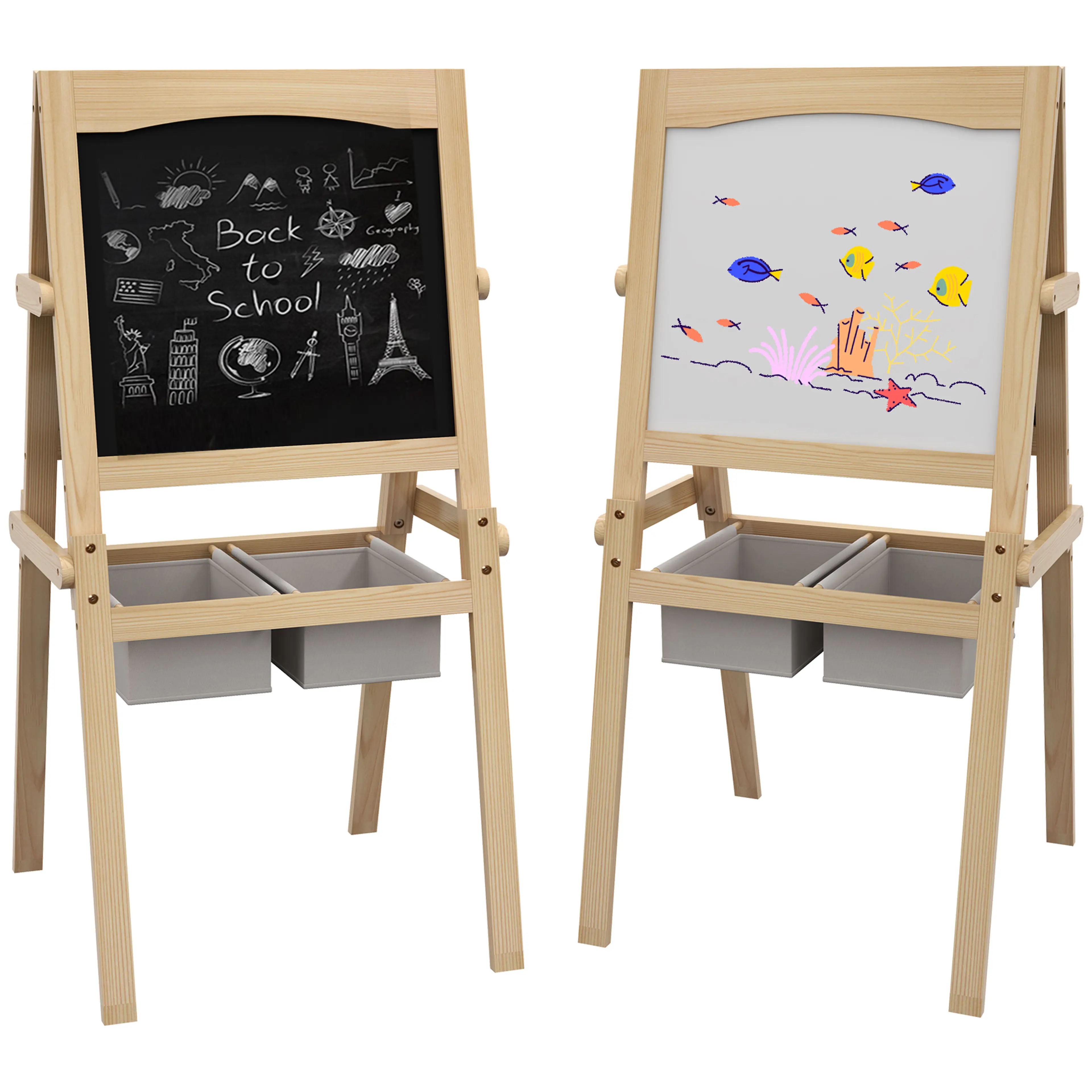 Barnstaffli i trä 3-i-1 – dubbelsidig whiteboard och krittavla