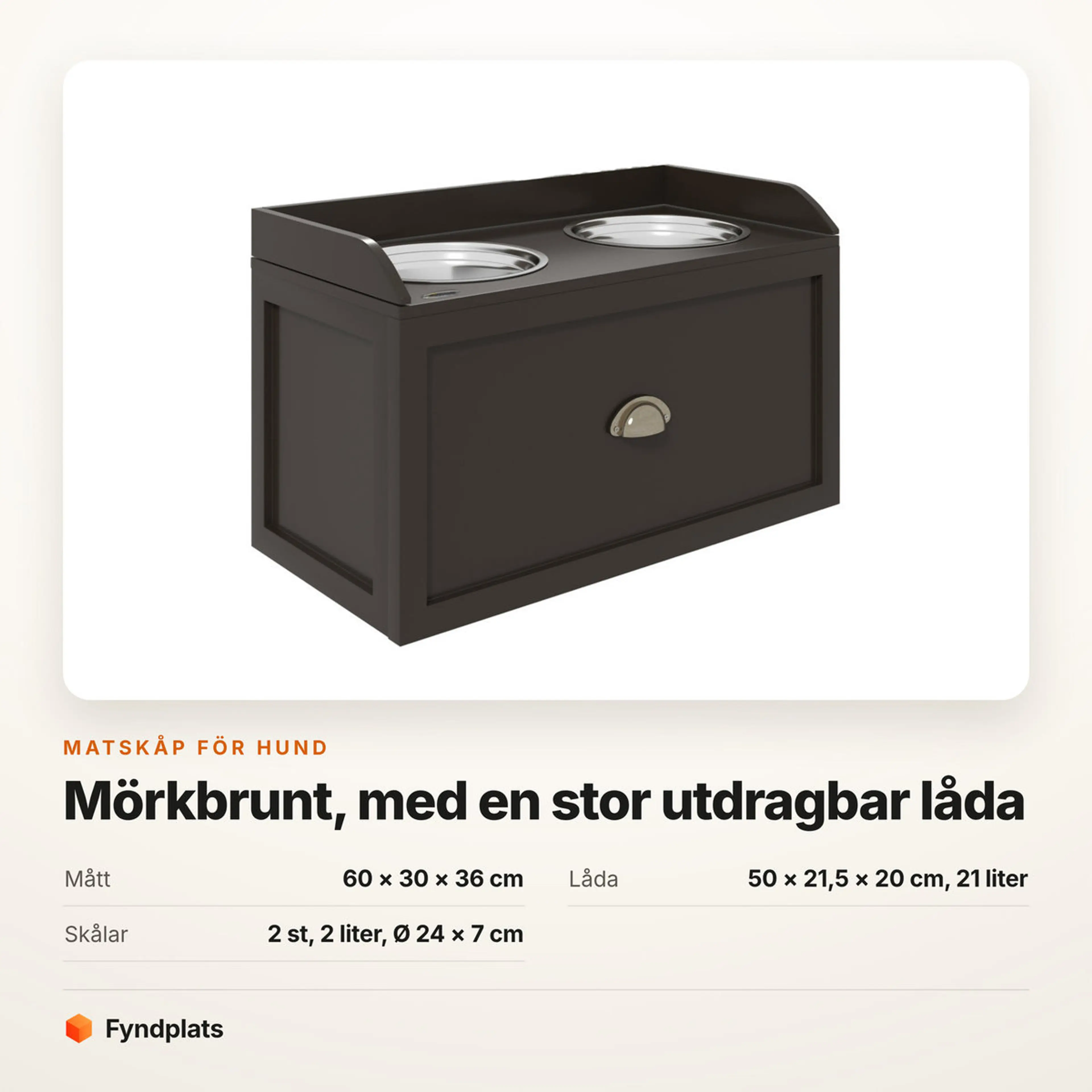 Faktakort: mått 60 × 30 × 36 cm, låda 21 liter och skålar 2 liter