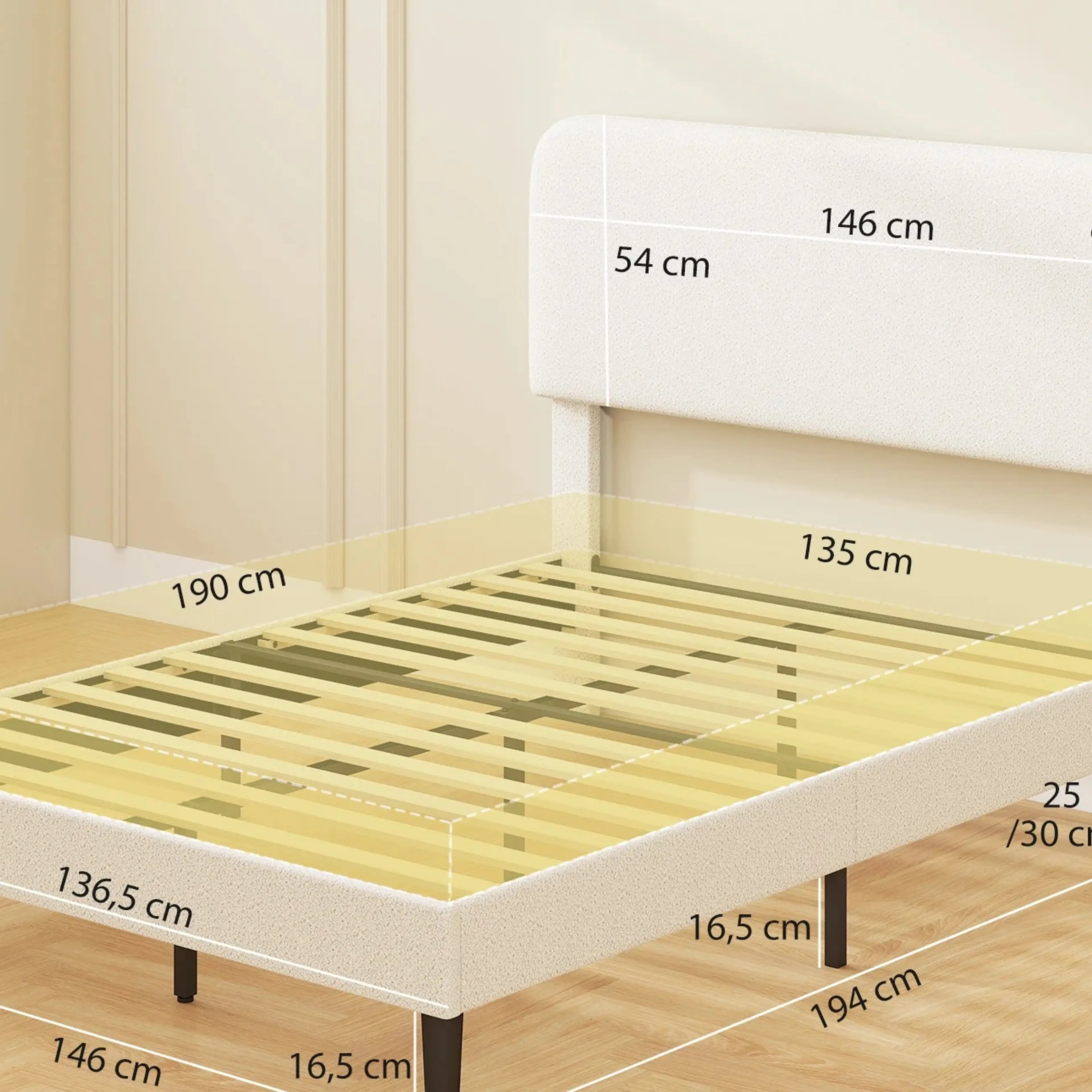 Måttskiss: 194 × 146 cm, höjd 112–117 cm och 16,5 cm under sängen