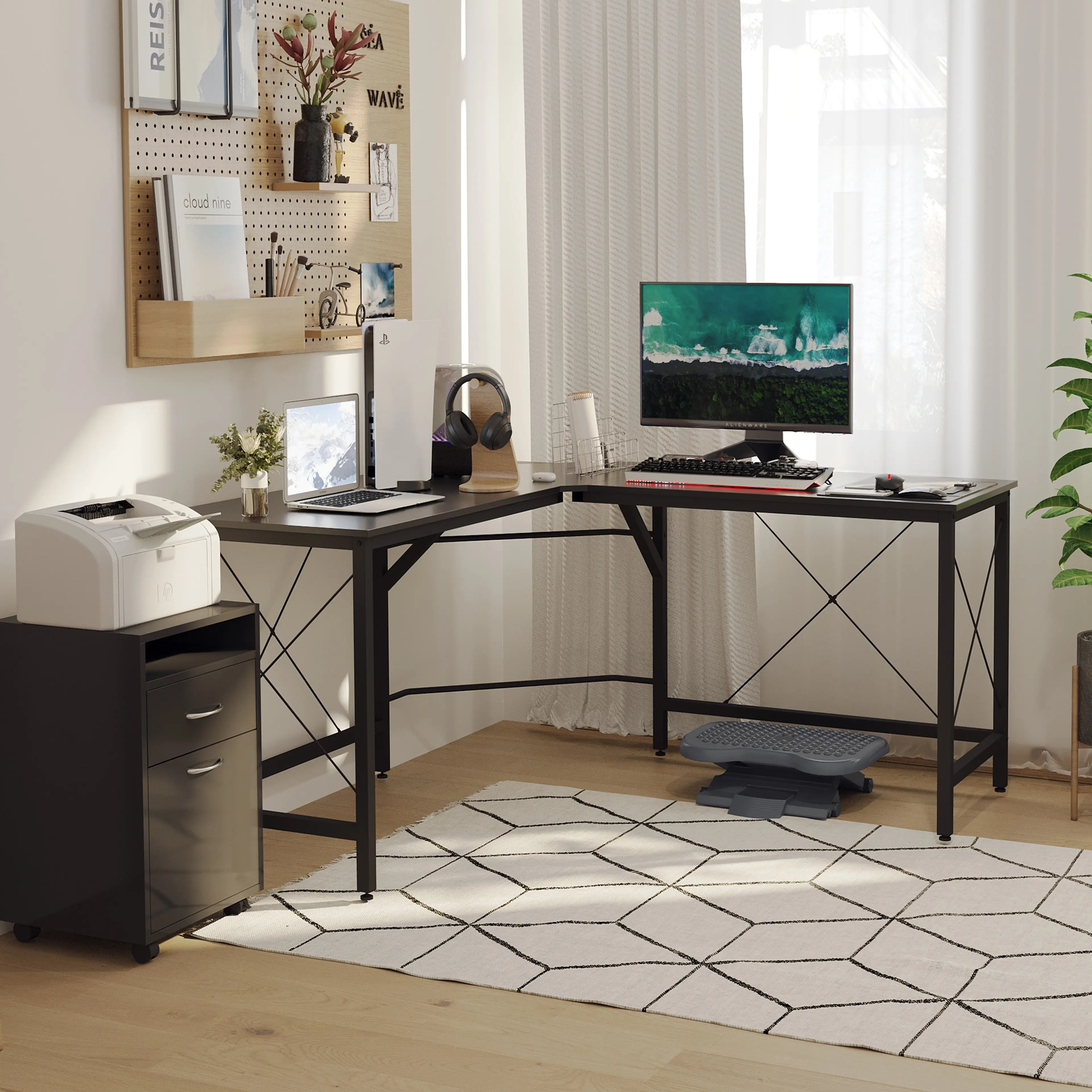 Hörnskrivbord 150 × 150 cm – natur och svart – bild 3