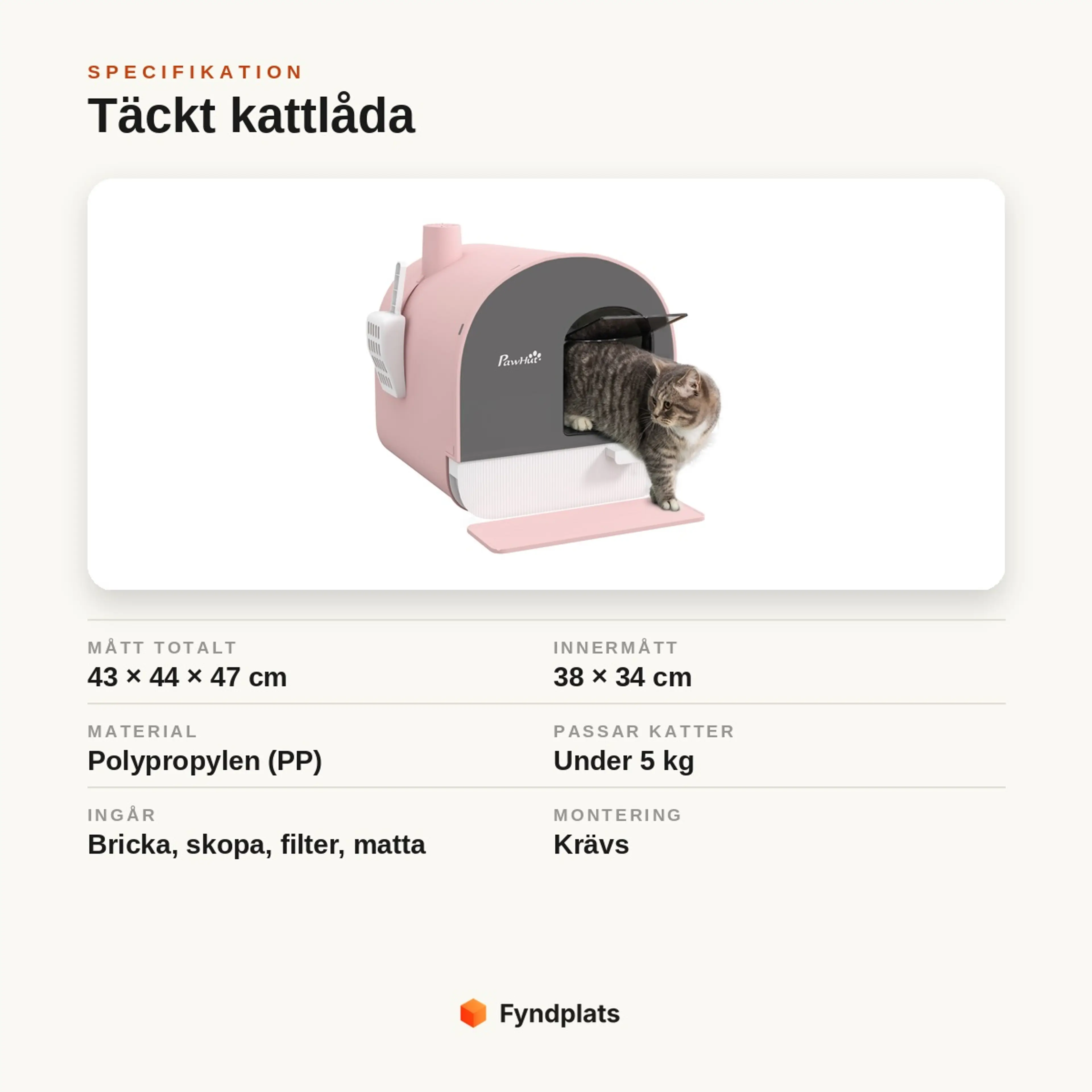 Specifikationskort: täckt kattlåda 43 × 44 × 47 cm i PP-plast, för katter under 5 kg, med bricka, skopa, filter och matta