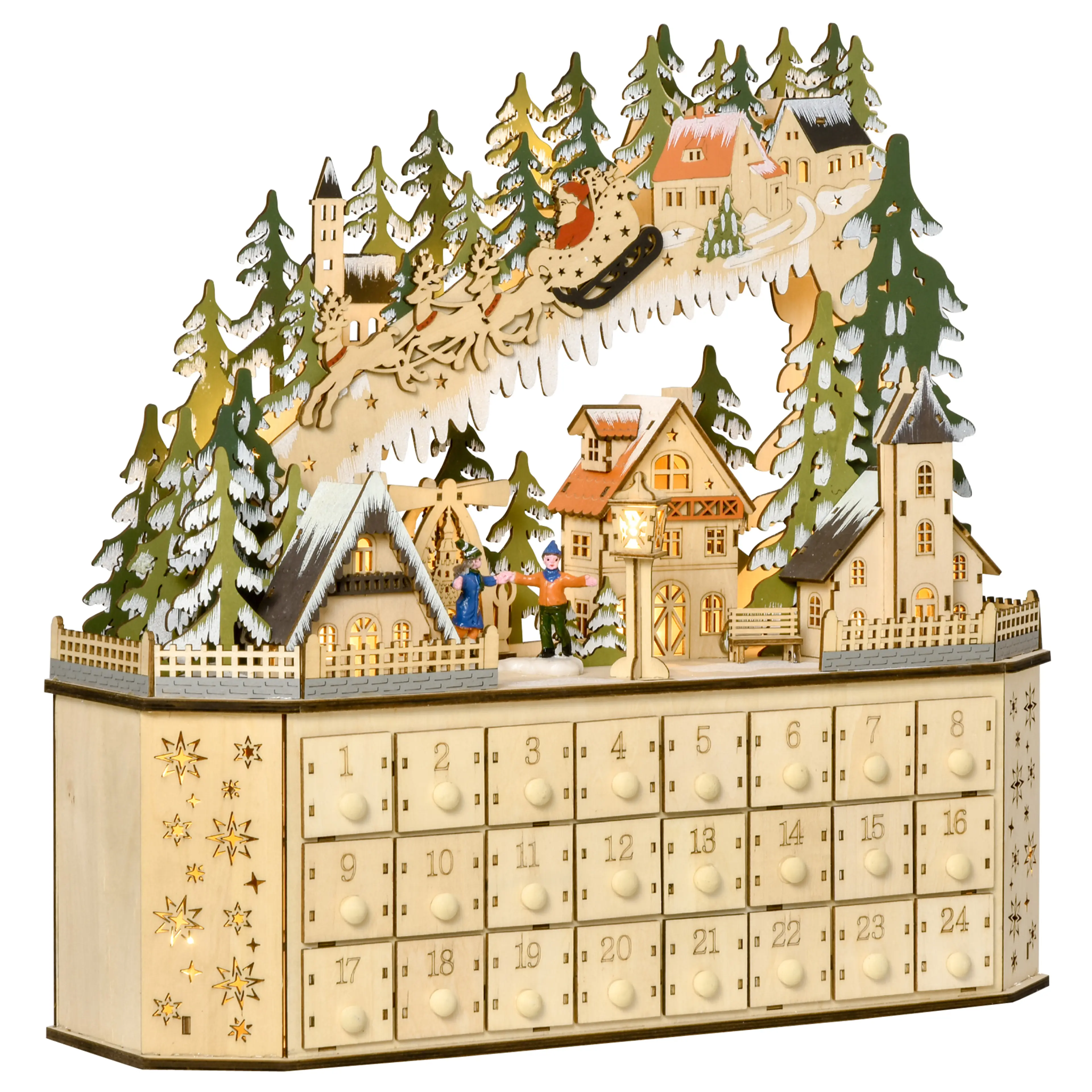 Adventskalender i trä med julby, släde och 24 lådor