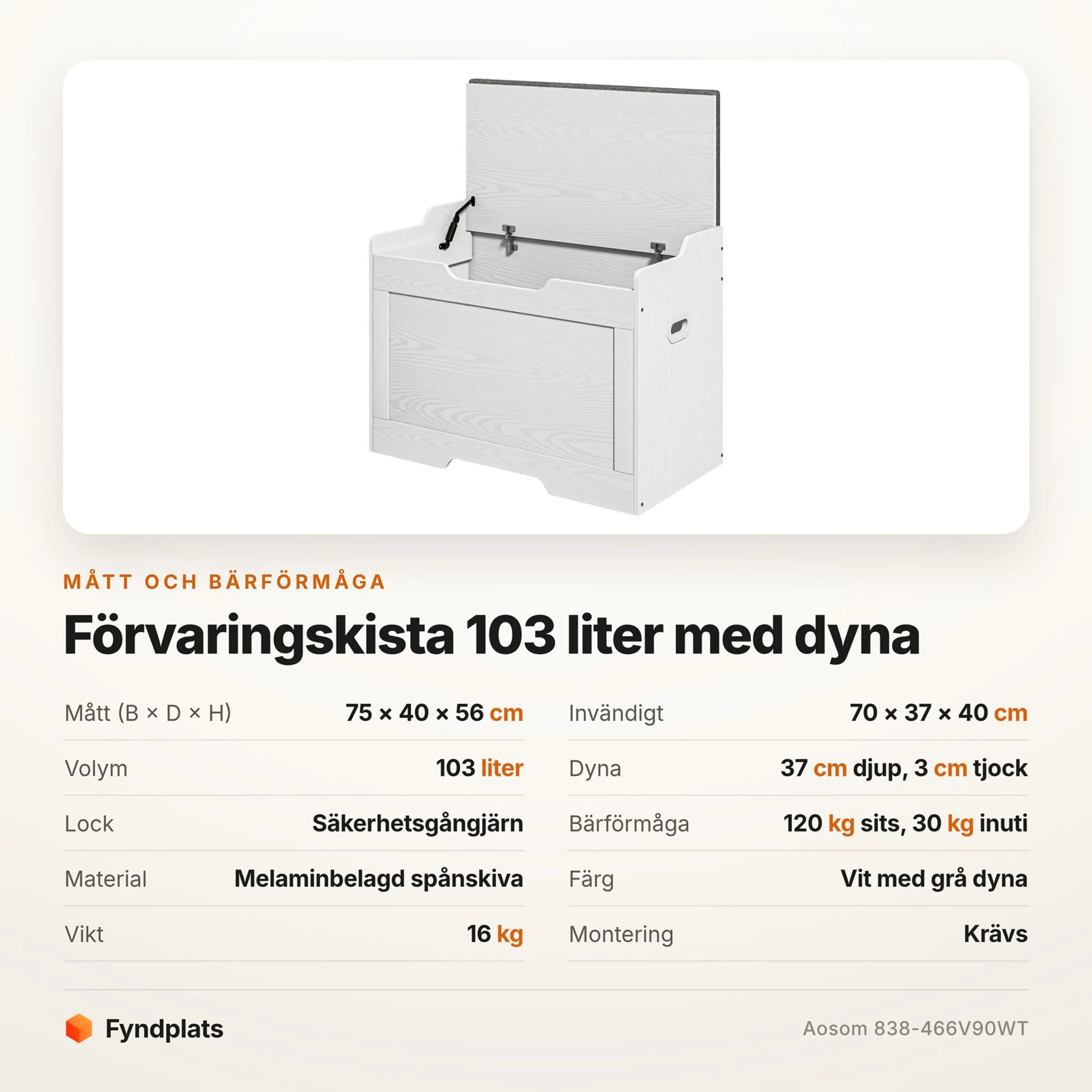 Fyndplats specifikationskort för förvaringskistan med mått och bärförmåga
