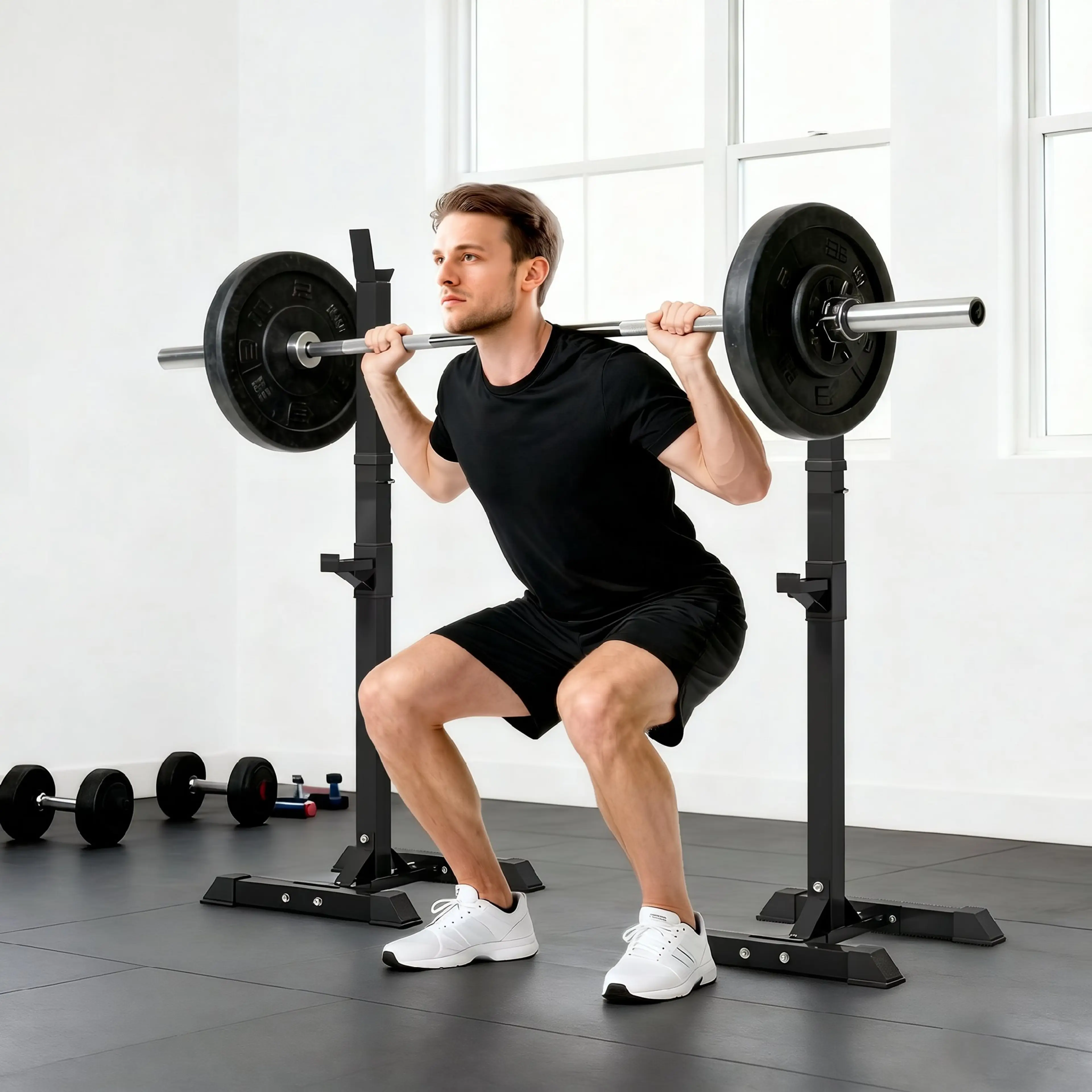 En man gör knäböj med en skivstång på axlarna i de två ställen i ett ljust gym med hantlar på golvet
