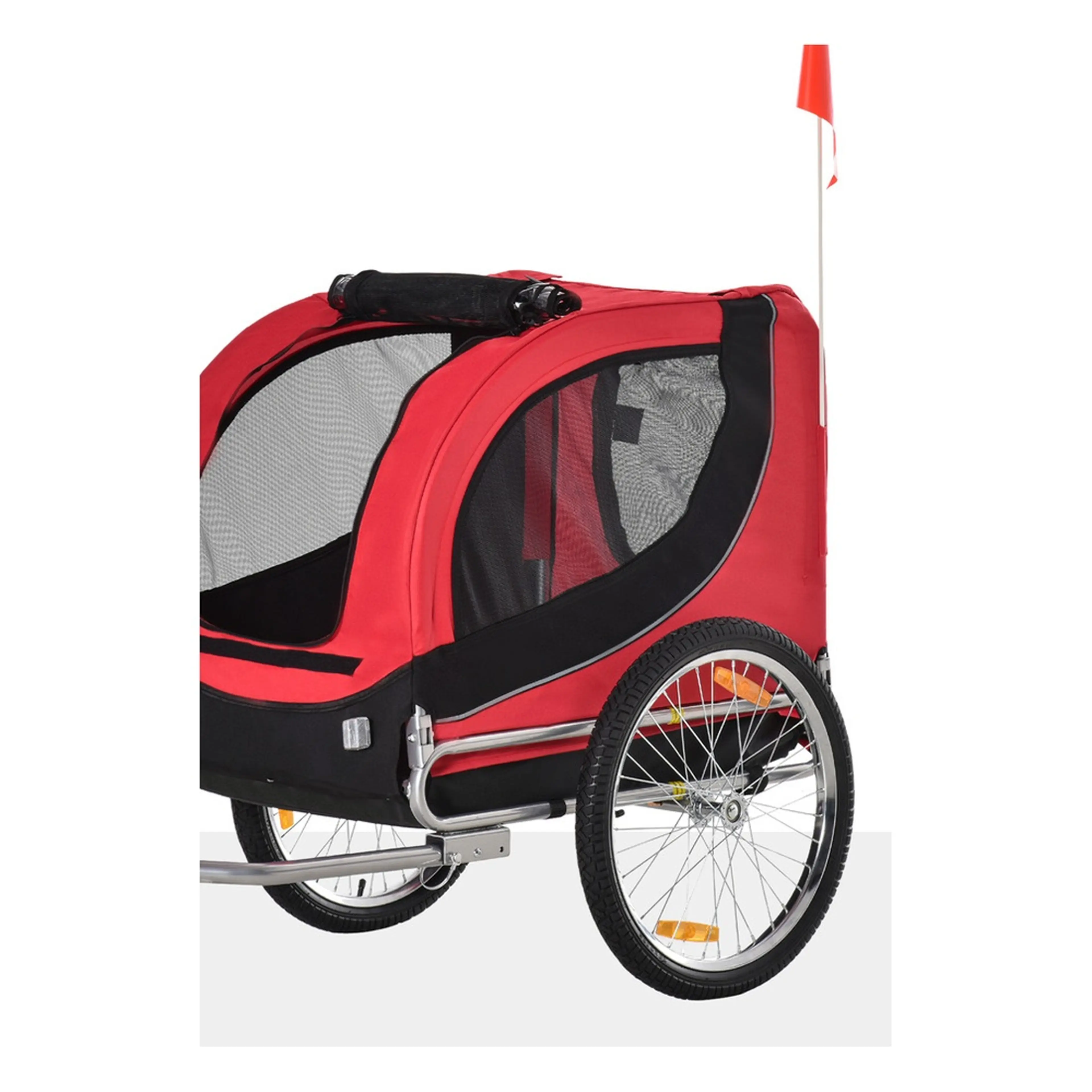 Cykelkärran sedd snett bakifrån med dragkedjorna och det bakre nätet