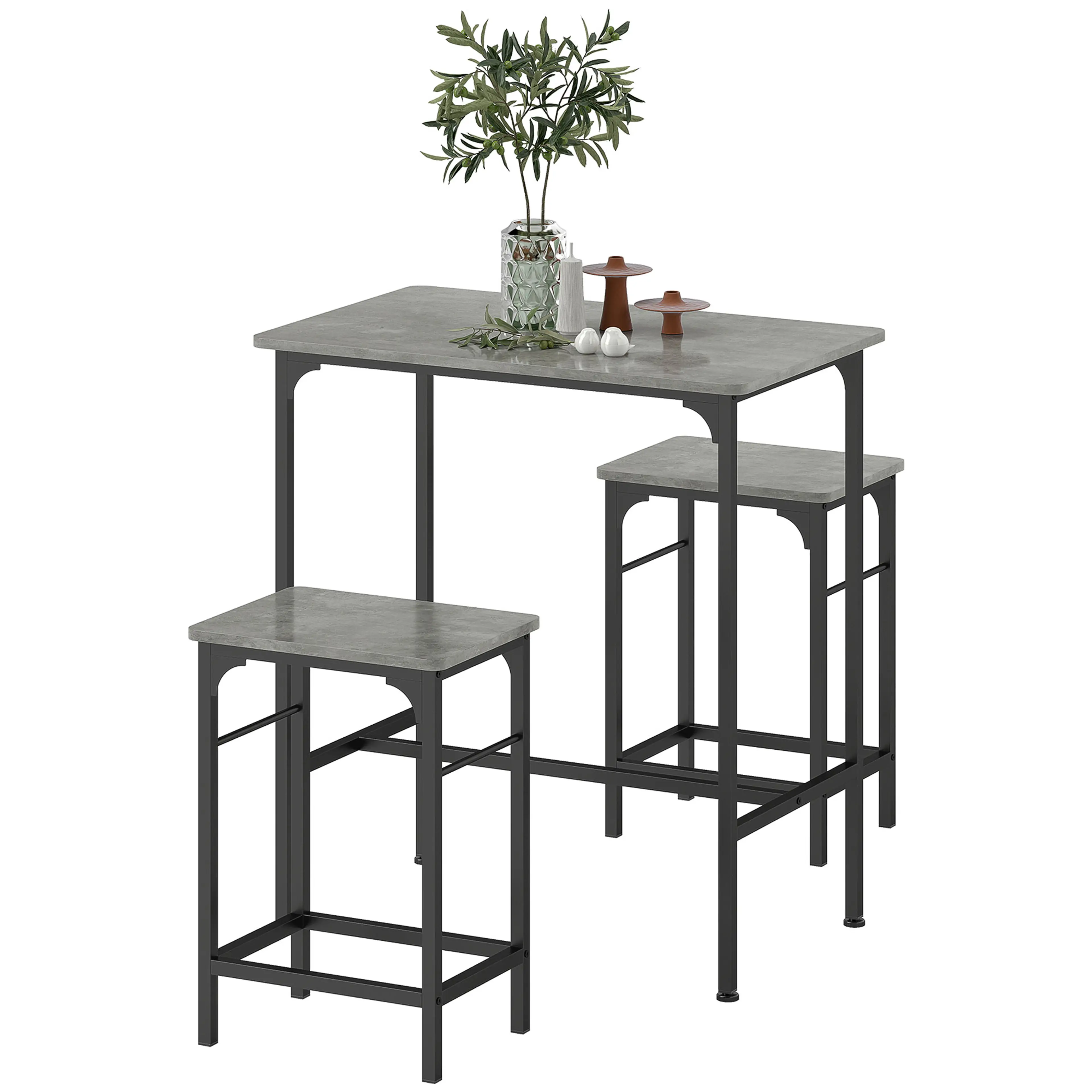 Barbord med två pallar 80 cm – grå stenlook, sitthöjd 57 cm