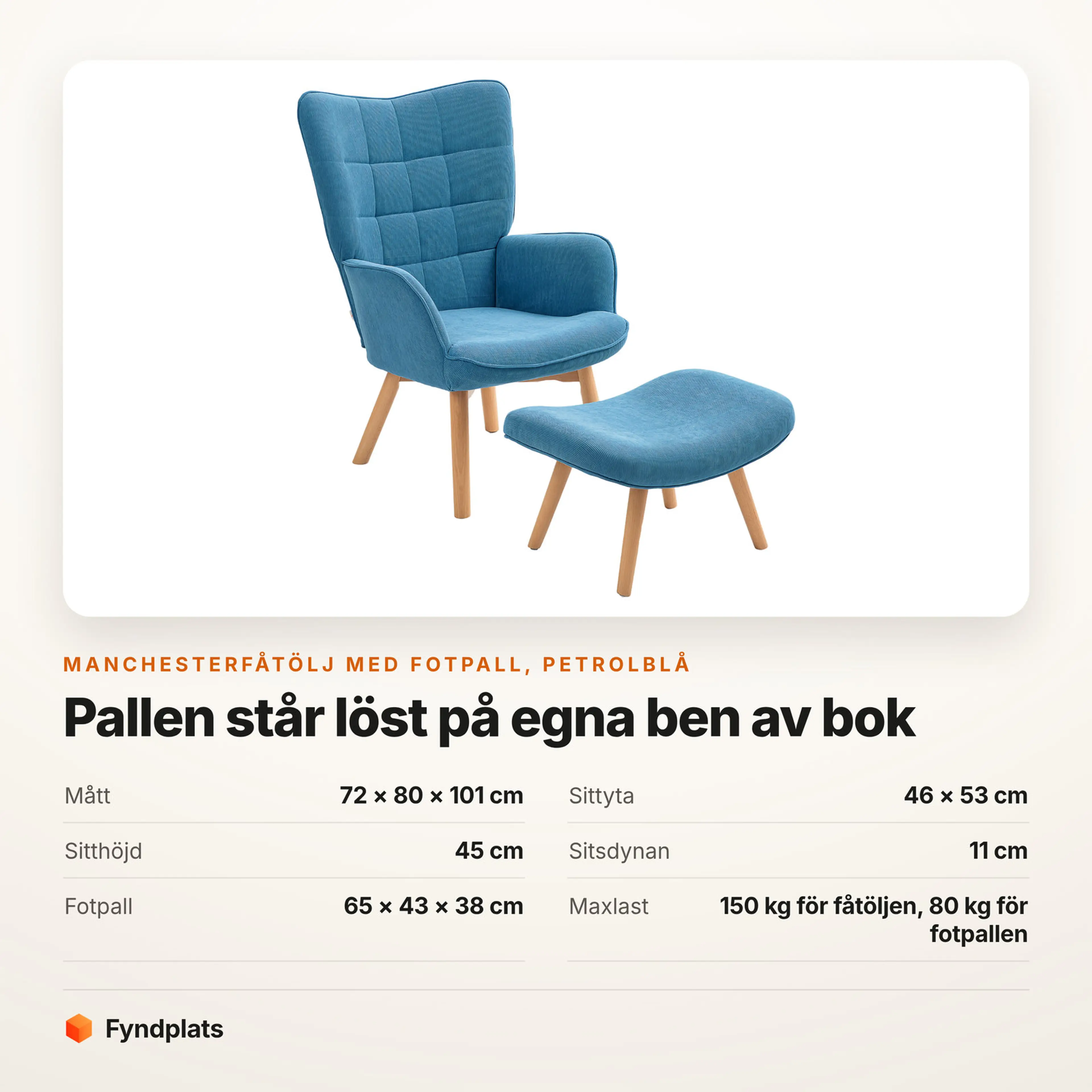 Manchesterfåtölj i petrolblå med fotpall – Faktakort med mått, sittyta, sitthöjd, sitsdynans tjocklek, fotpallens mått och maxlast