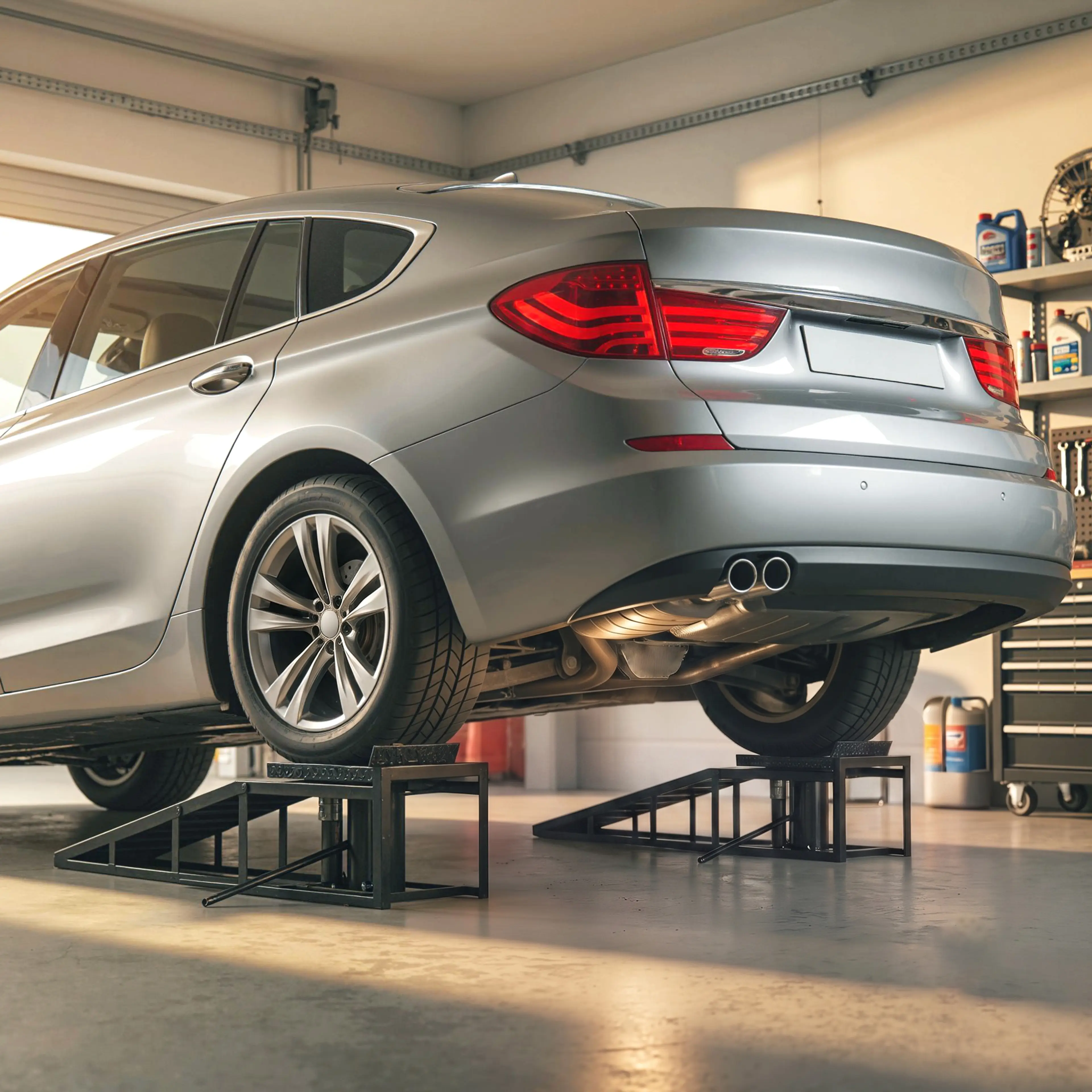 Silverfärgad bil med bakhjulen uppe på de två ramperna i ett garage