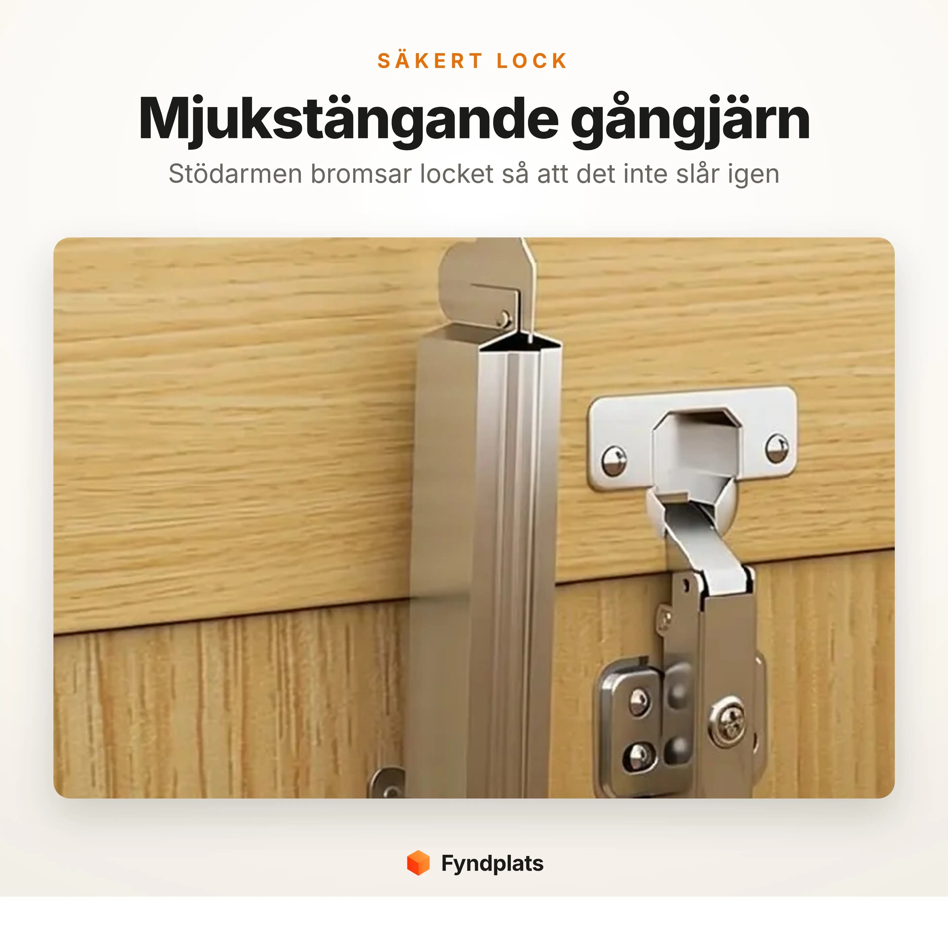Närbild på förvaringskistans mjukstängande gångjärn och stödarm