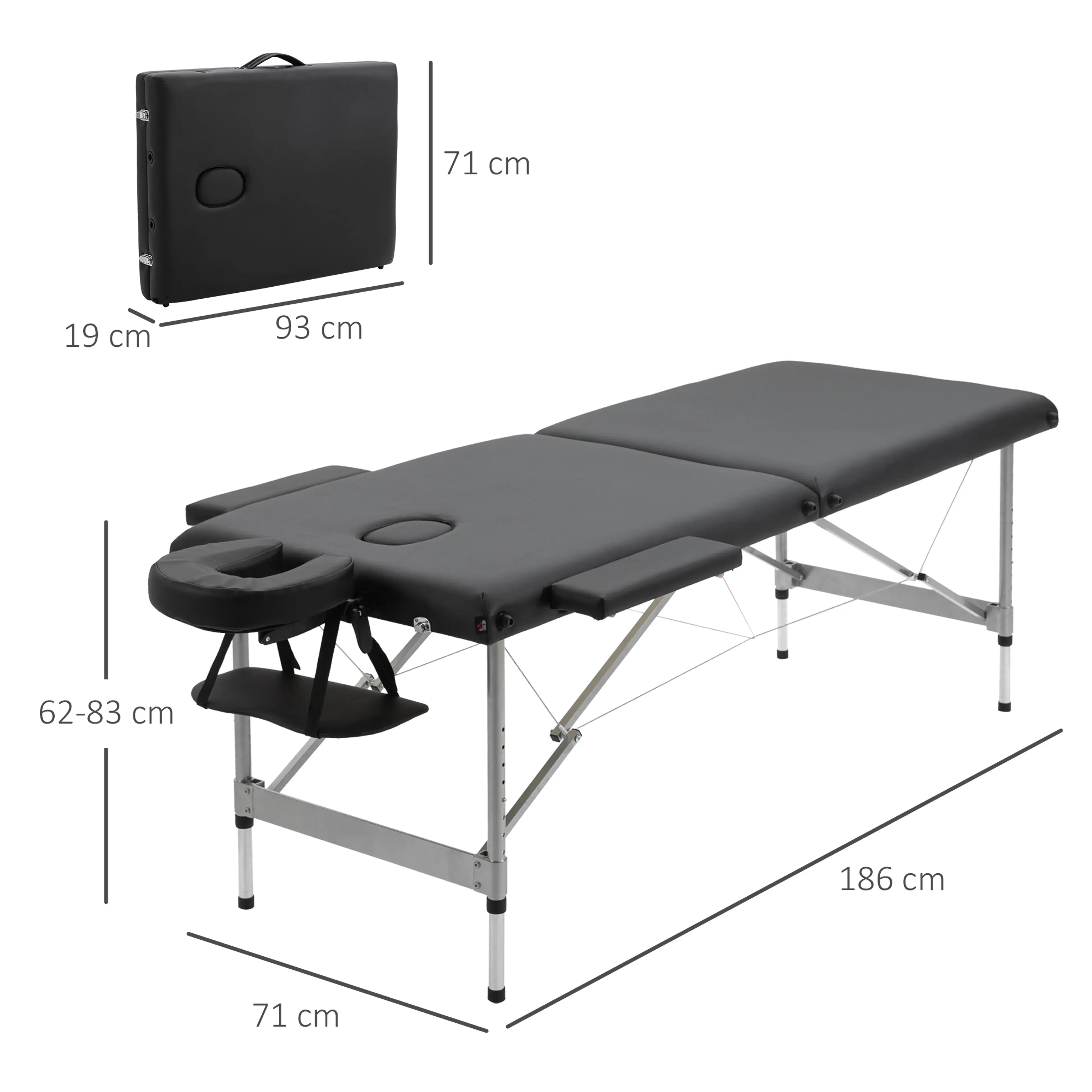 Svart hopfällbar massagebänk i aluminium med armstöd och handbrädor (3)