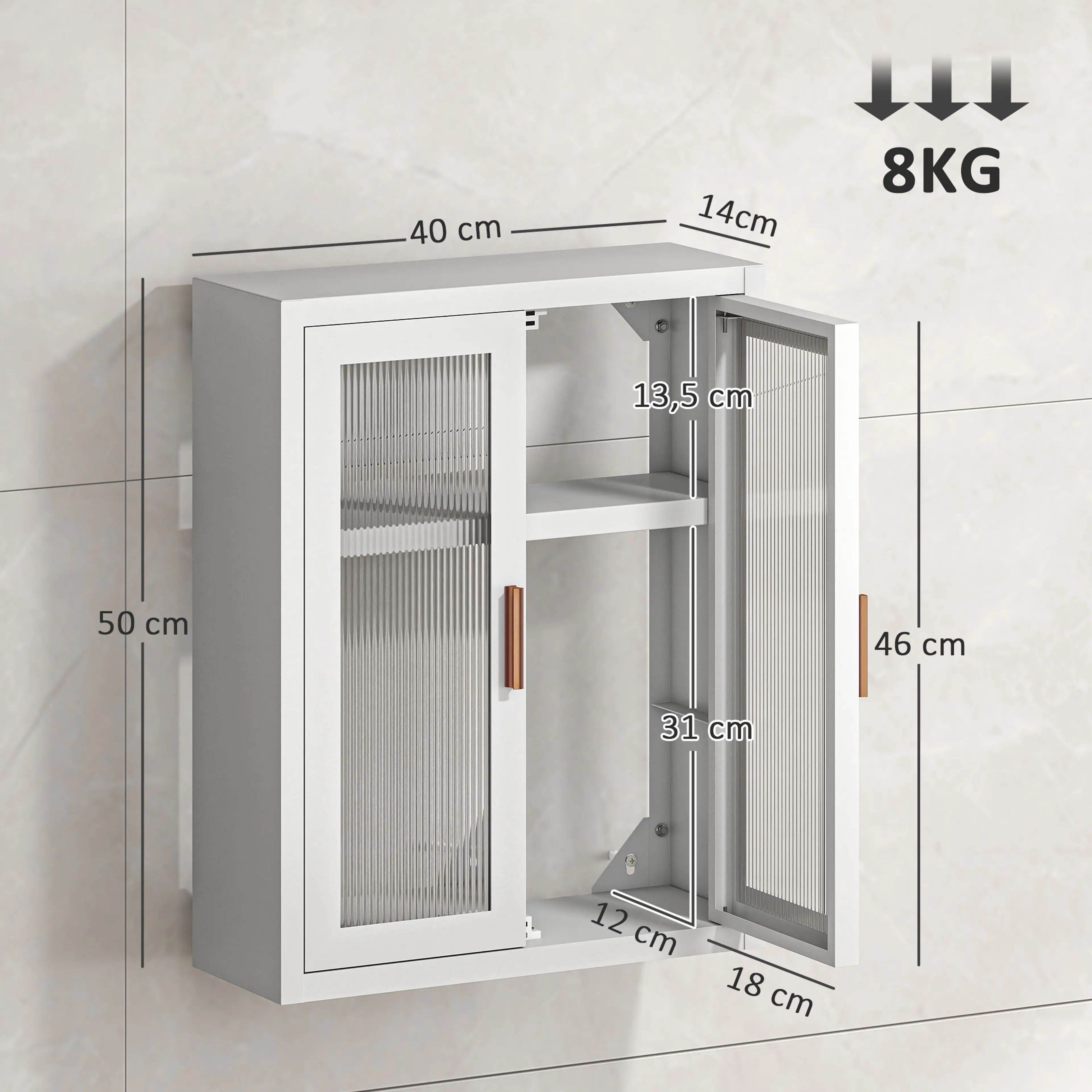 Måttskiss för badrumsskåp: 40 × 14 × 50 cm och max belastning 8 kg