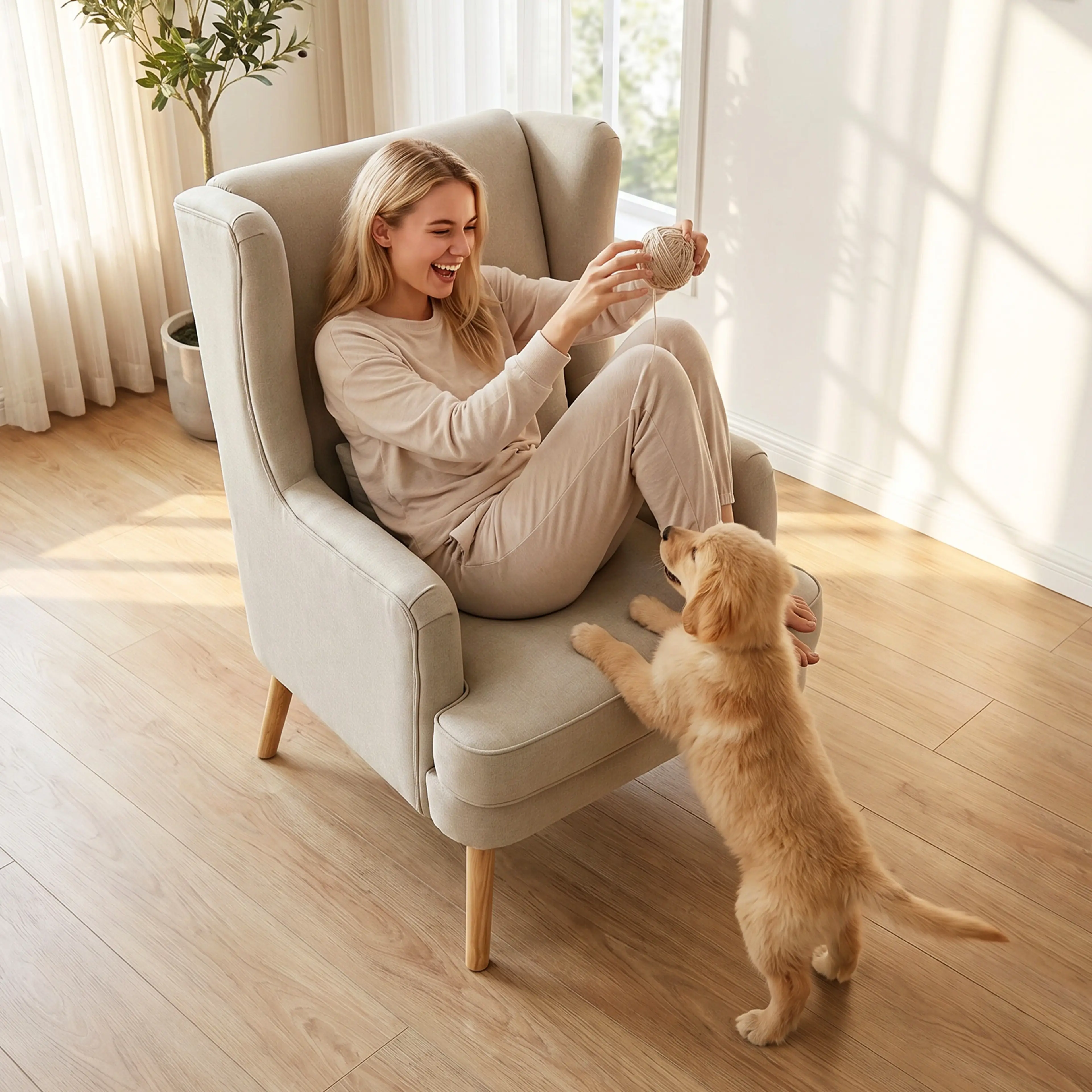 Kvinna sitter i den beige öronlappsfåtöljen och leker med en katt i ett soligt rum