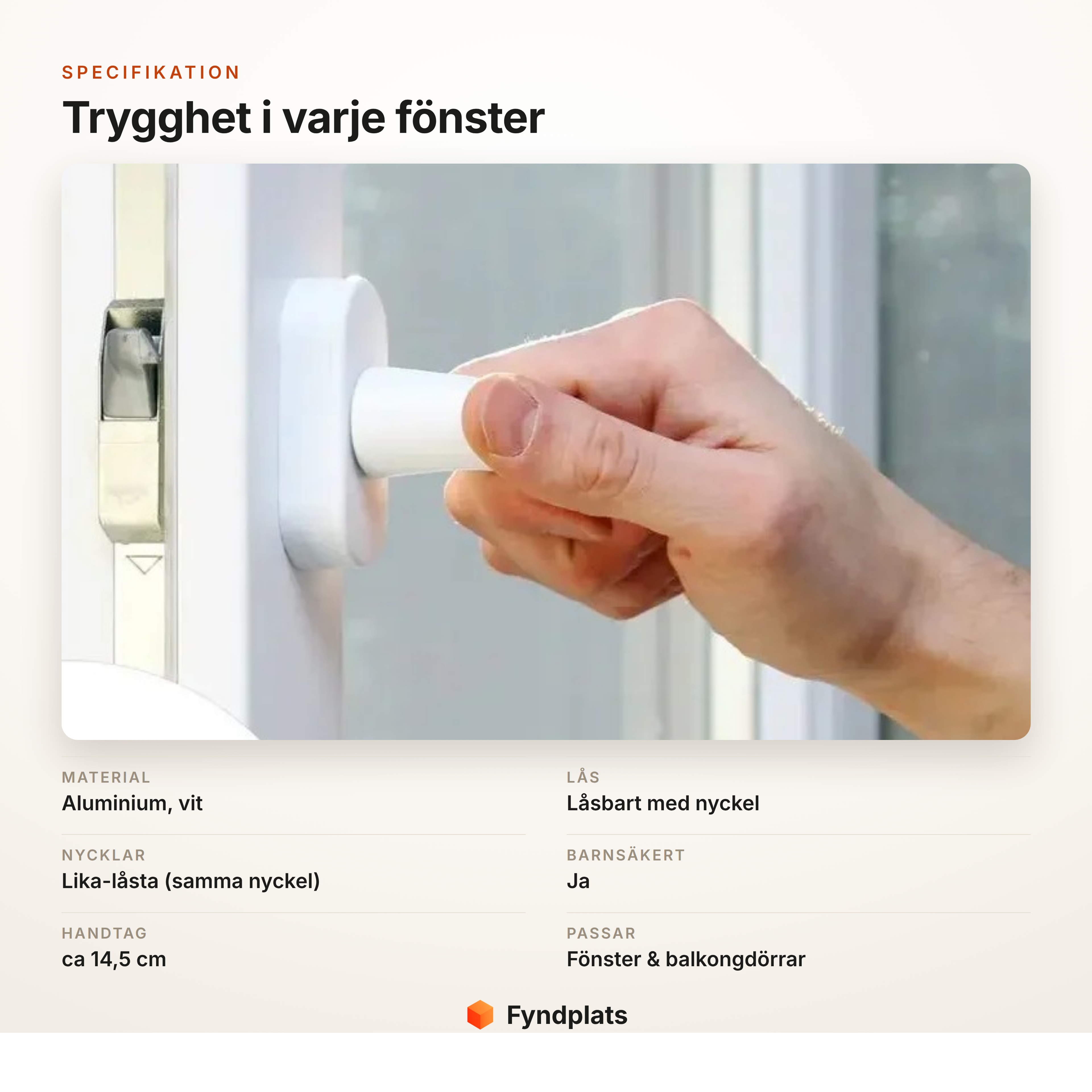 Specifikationskort för låsbart fönsterhandtag i vit aluminium med nyckel
