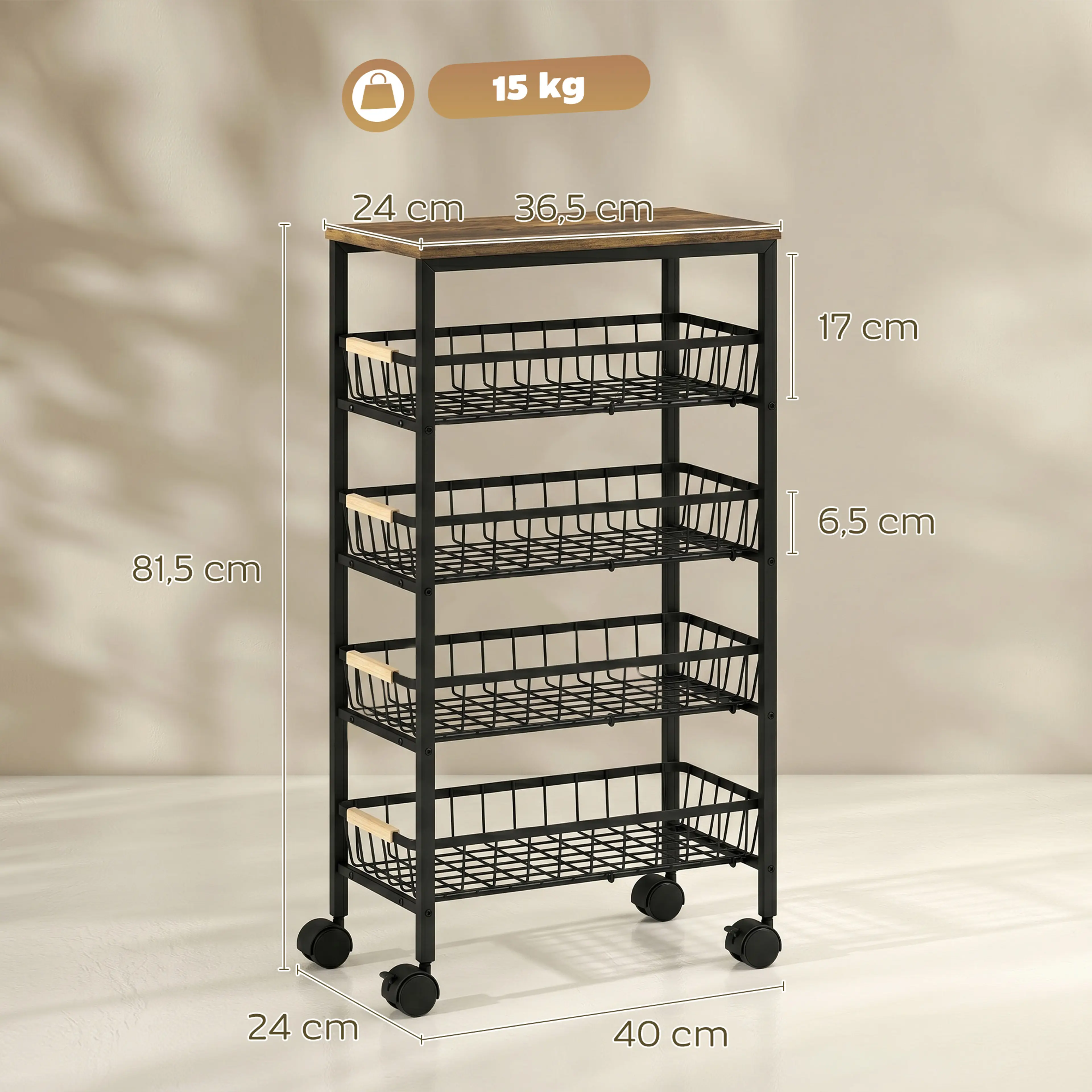 Måttskiss för rullvagn med 4 korgar: 40 × 24 × 81,5 cm, maxlast 15 kg