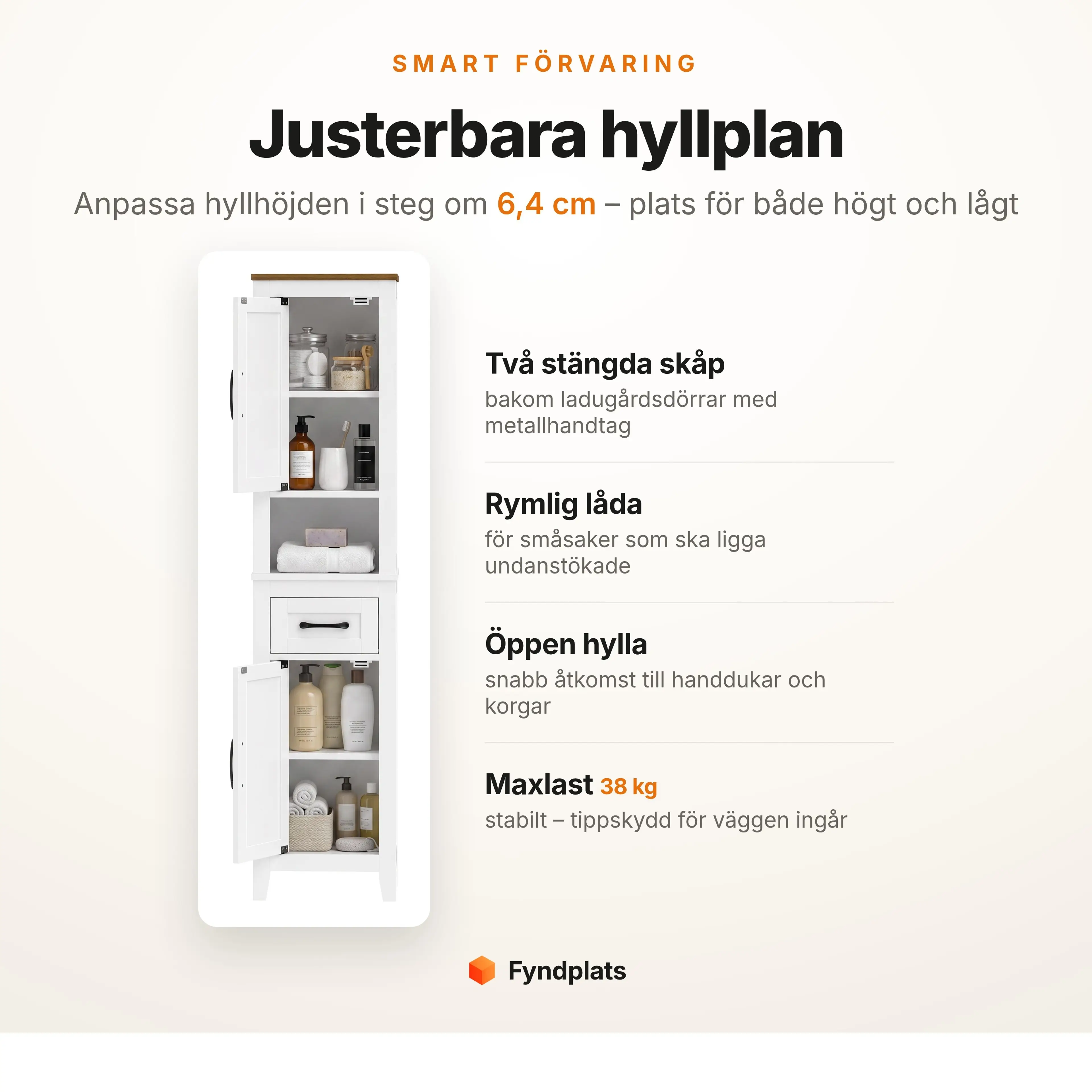 Justerbara hyllplan i steg om 6,4 cm – två stängda skåp, rymlig låda och öppen hylla, maxlast 38 kg