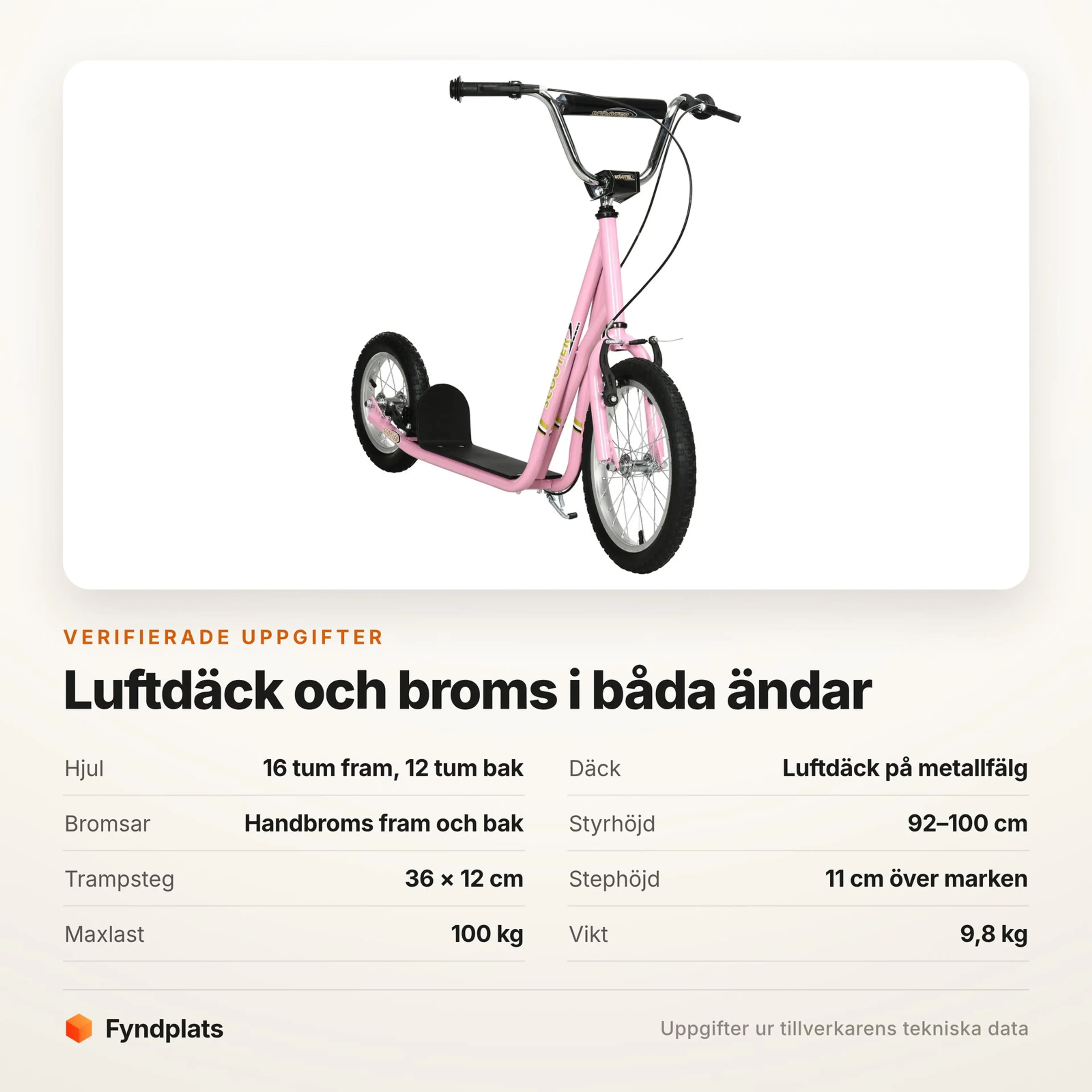 Specifikationer för sparkcykeln: hjul, bromsar, styrhöjd och maxlast