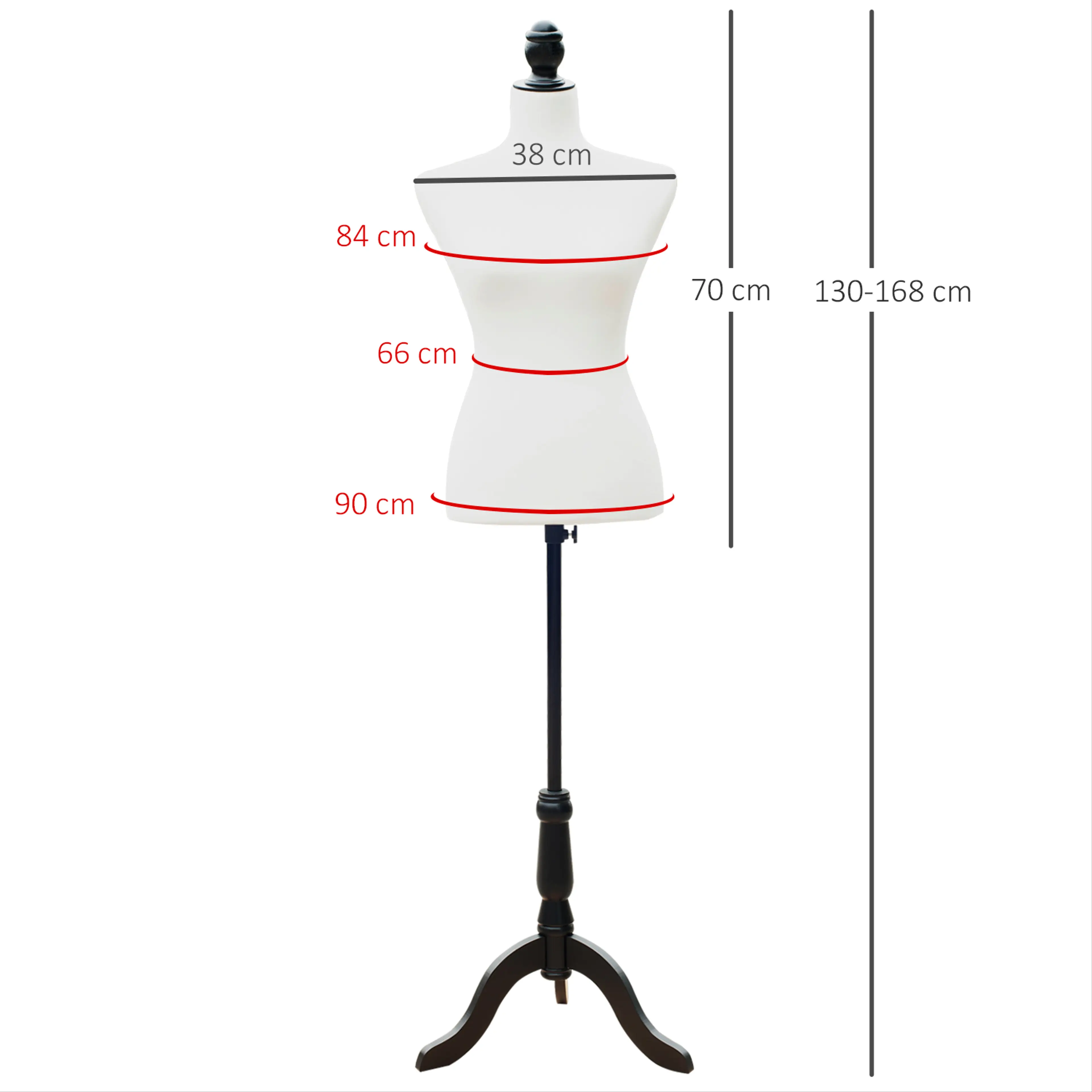 Måttskiss på provdockan: axelbredd 38 cm, byst 84 cm, midja 66 cm, höft 90 cm, bålhöjd 70 cm och justerbar totalhöjd 130–168 cm.