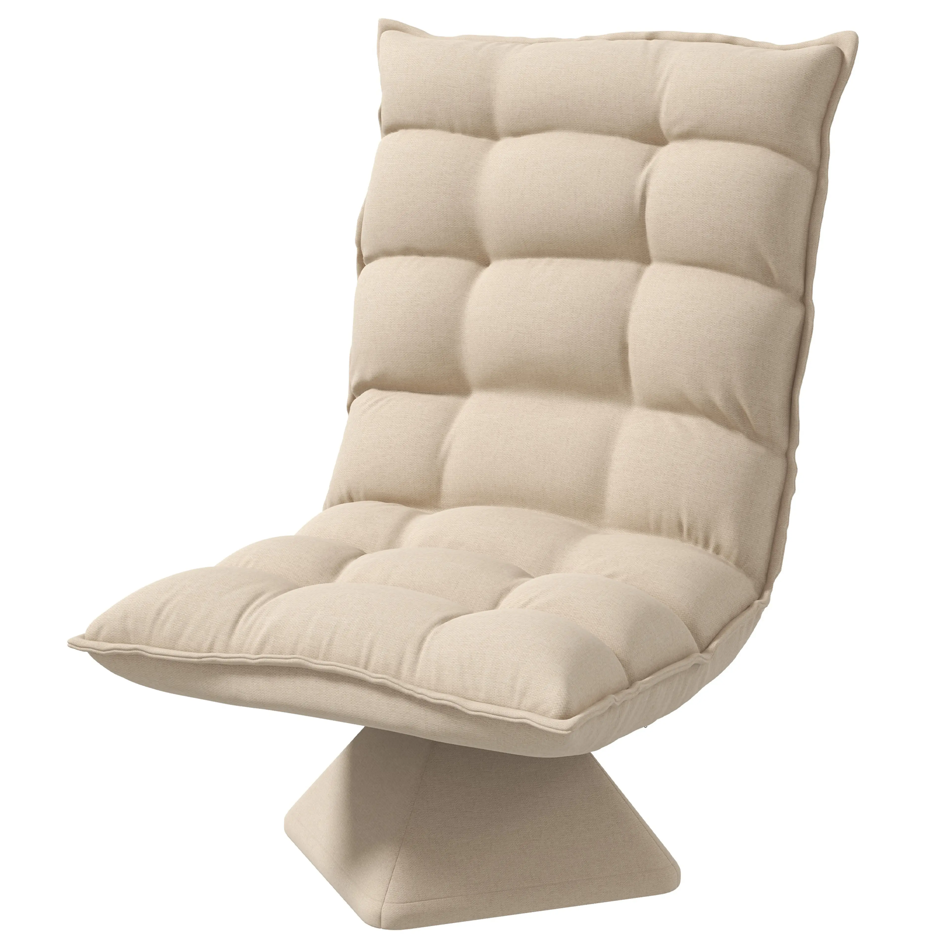 Golvfåtölj i beige linnelook, sedd snett framifrån på den tygklädda sockeln