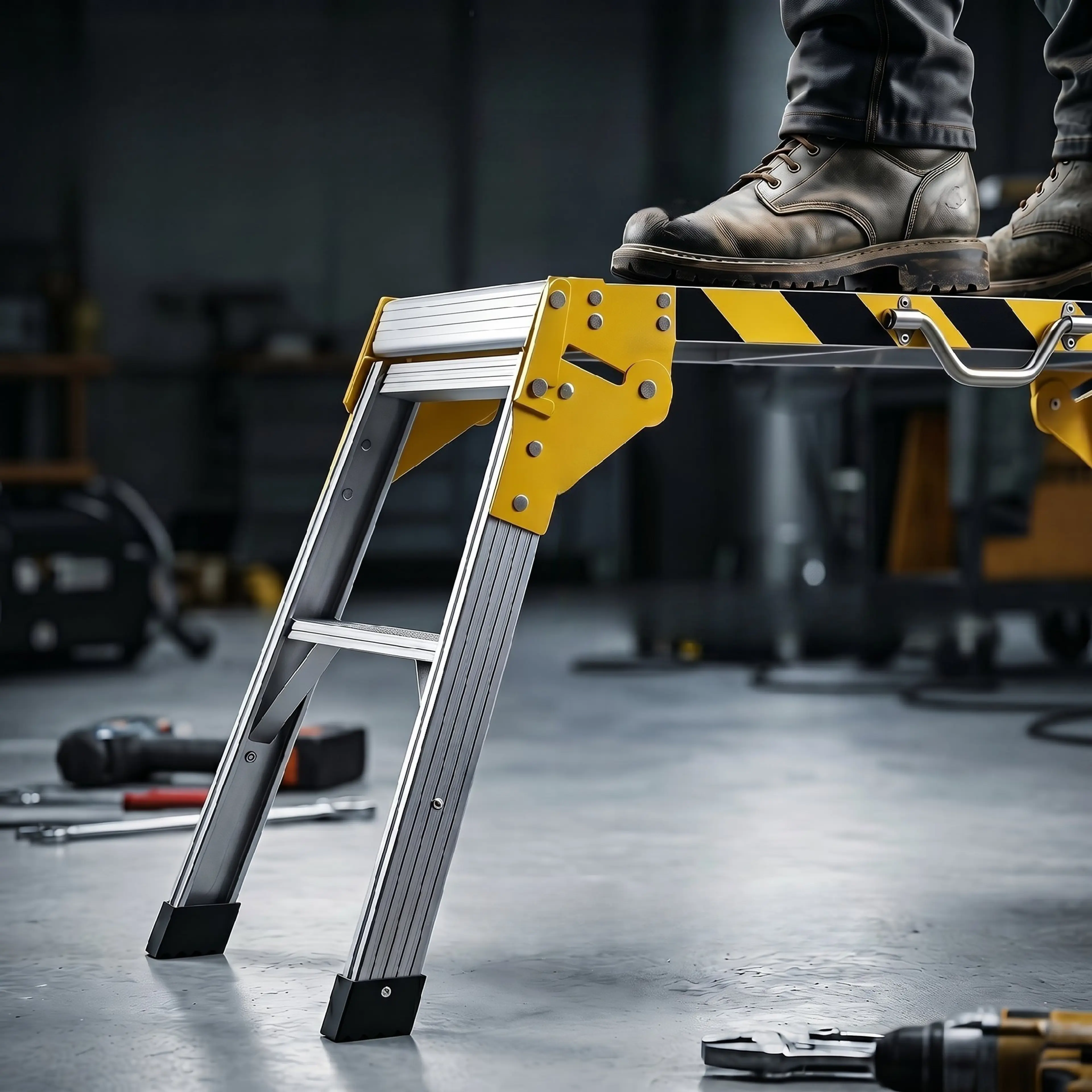 Kraftig aluminiumkonstruktion – arbetsplattformen klarar upp till 150 kg