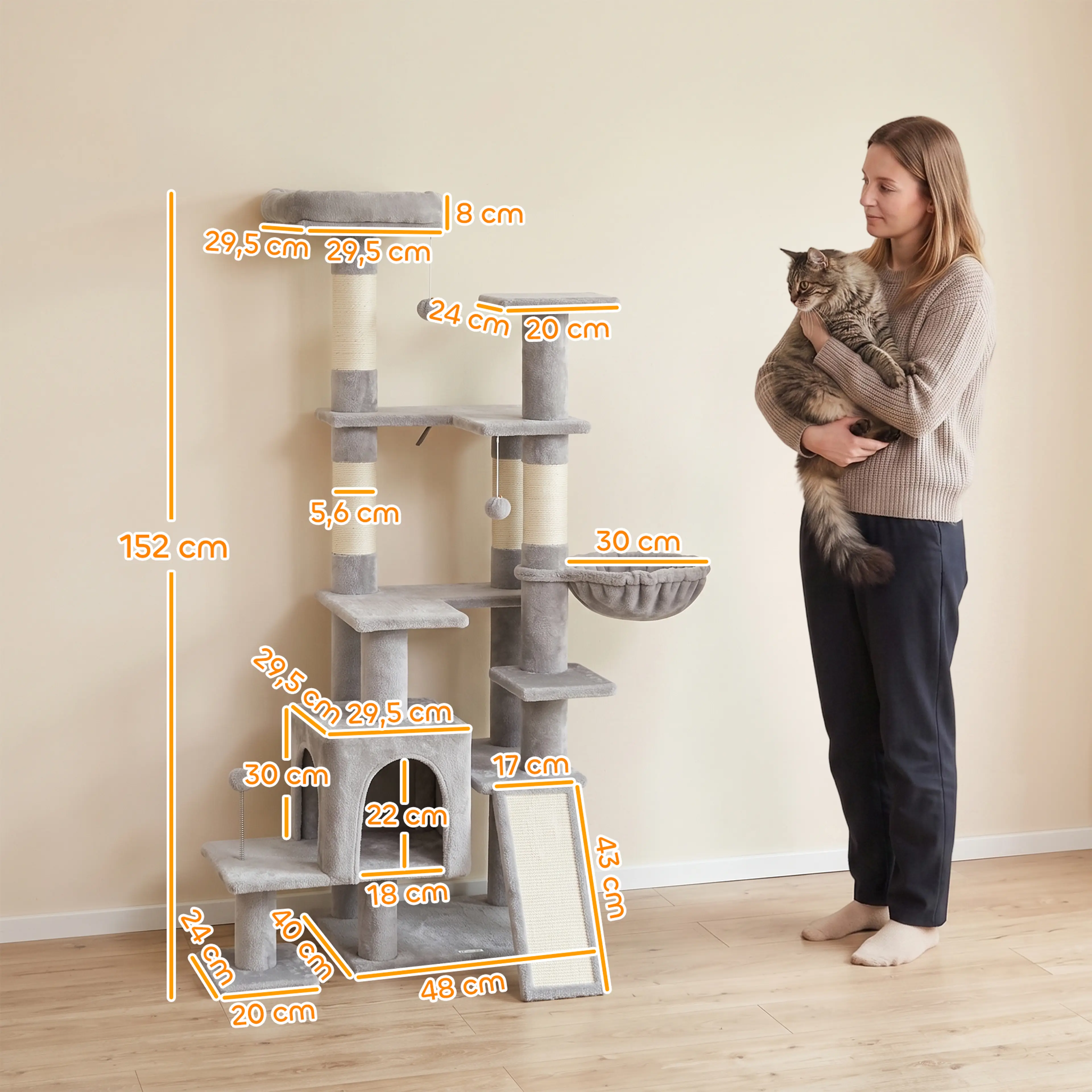 Klösträd 152 cm med bred bas – grotta, hängmatta och sisalstege – bild 4