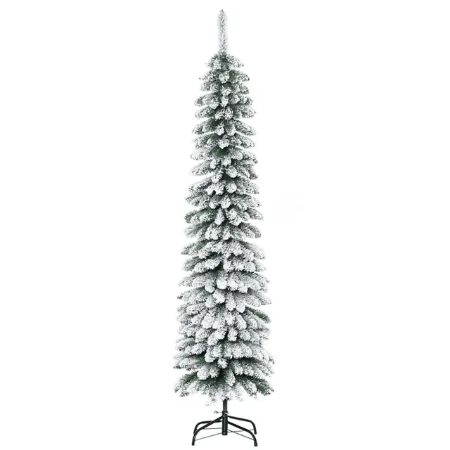 Smal pelarjulgran 180 cm med snötäckta grenar, bara 46 cm bred, på metallfot
