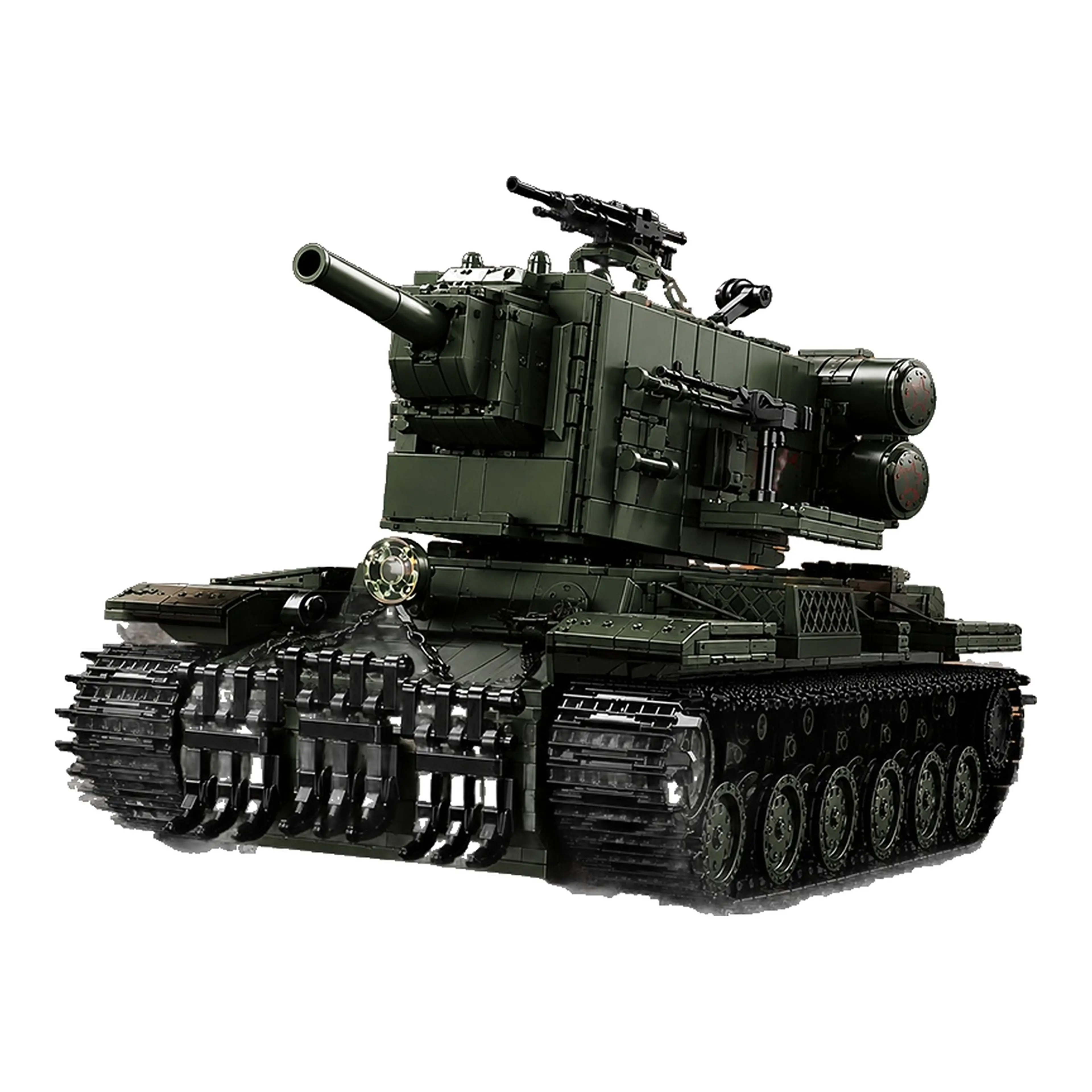 Stridsvagn byggsats KV-2 i klossar – grön tung stridsvagn med högt torn och breda larvband, mot vit bakgrund