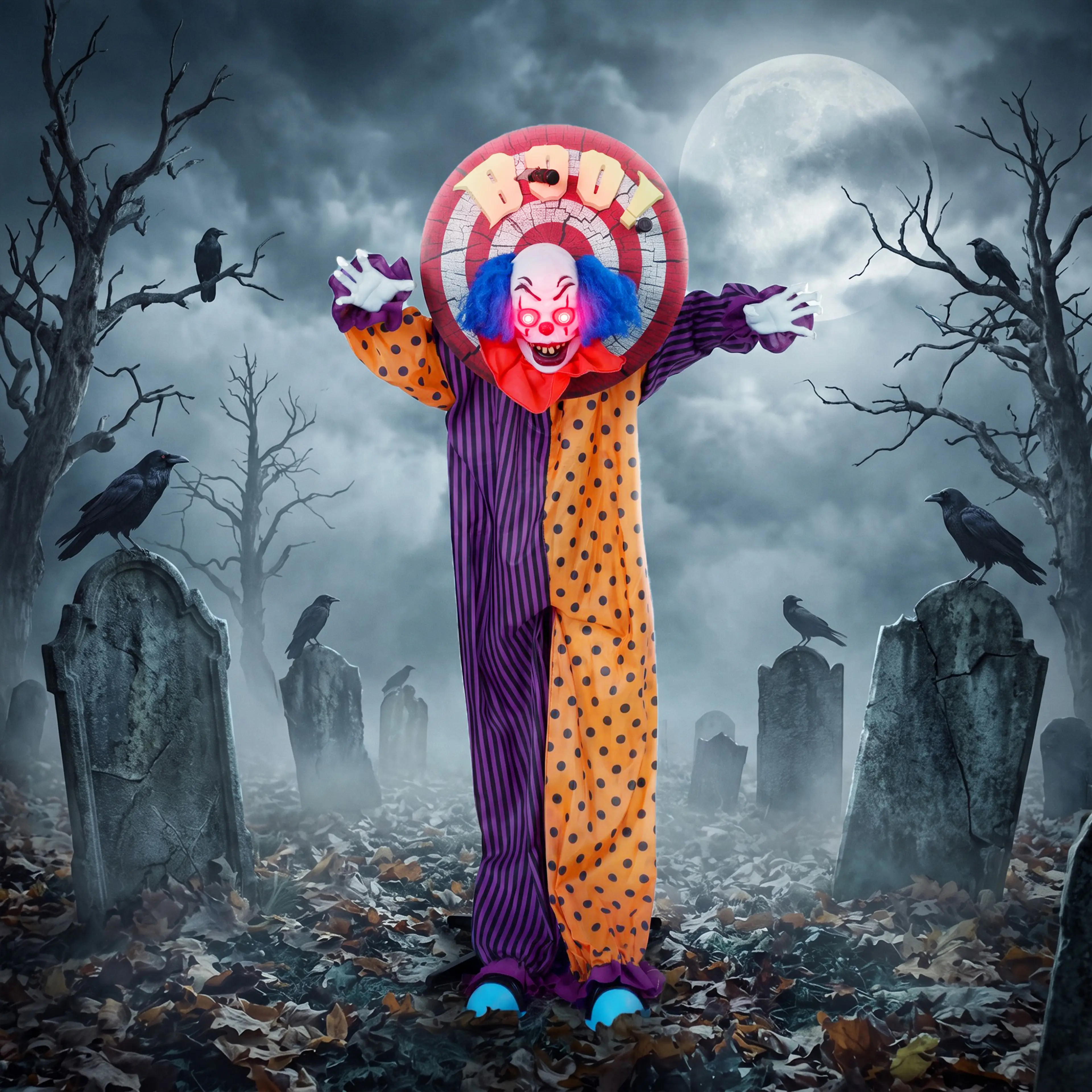 Clownen på en kyrkogård med korpar