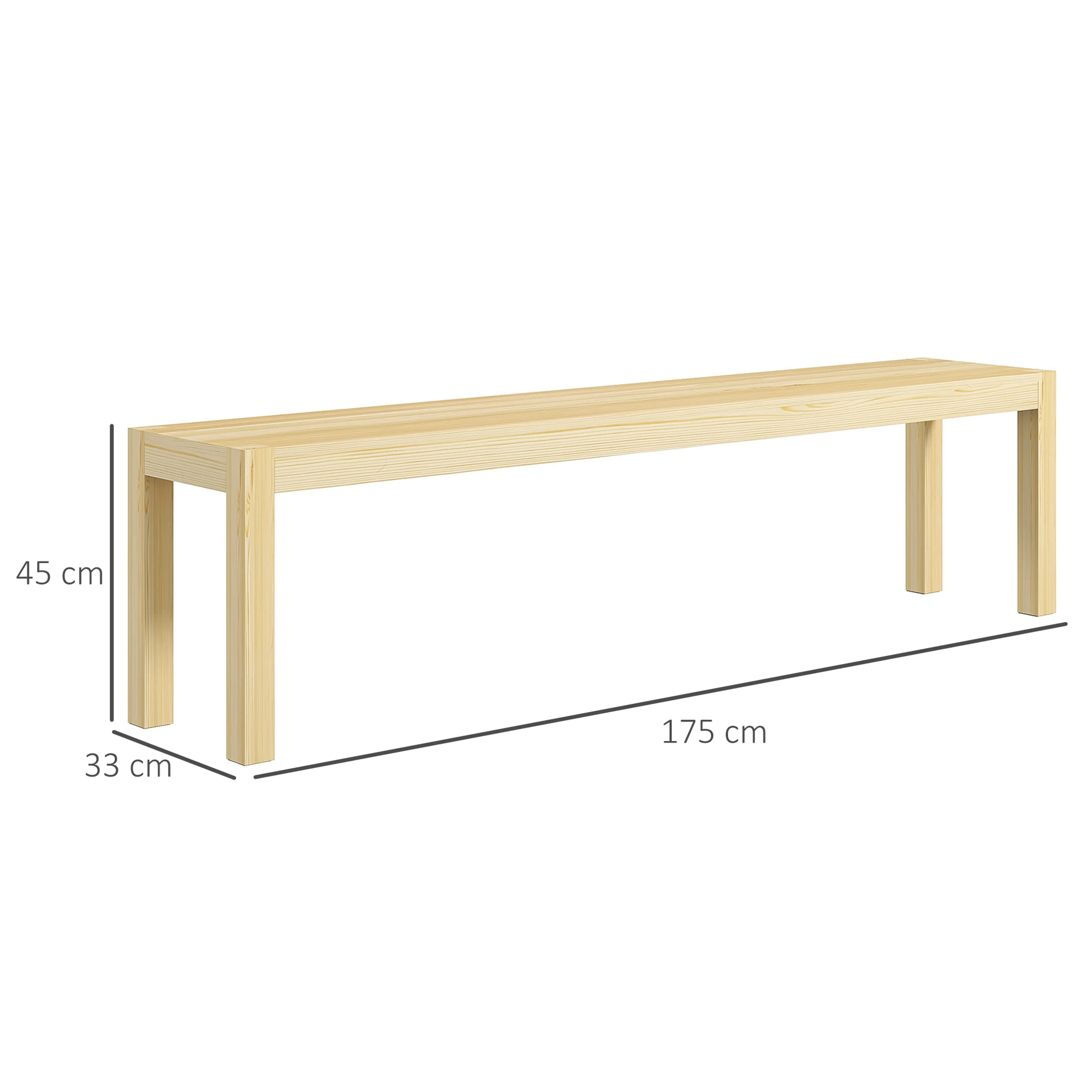 Måttskiss: bänken 175 cm lång, 33 cm djup och 45 cm hög