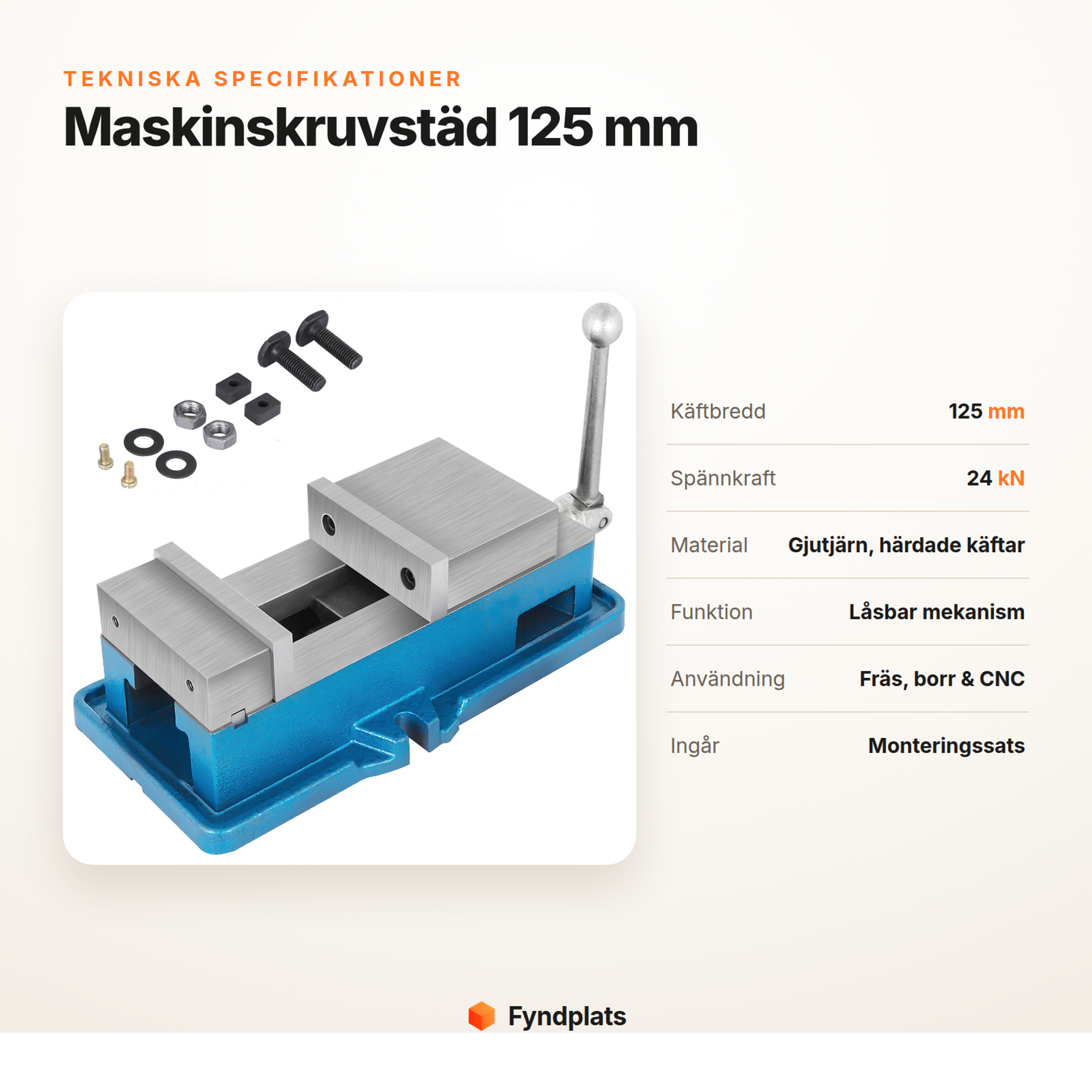 Fyndplats-kort: tekniska specifikationer för maskinskruvstäd 125 mm