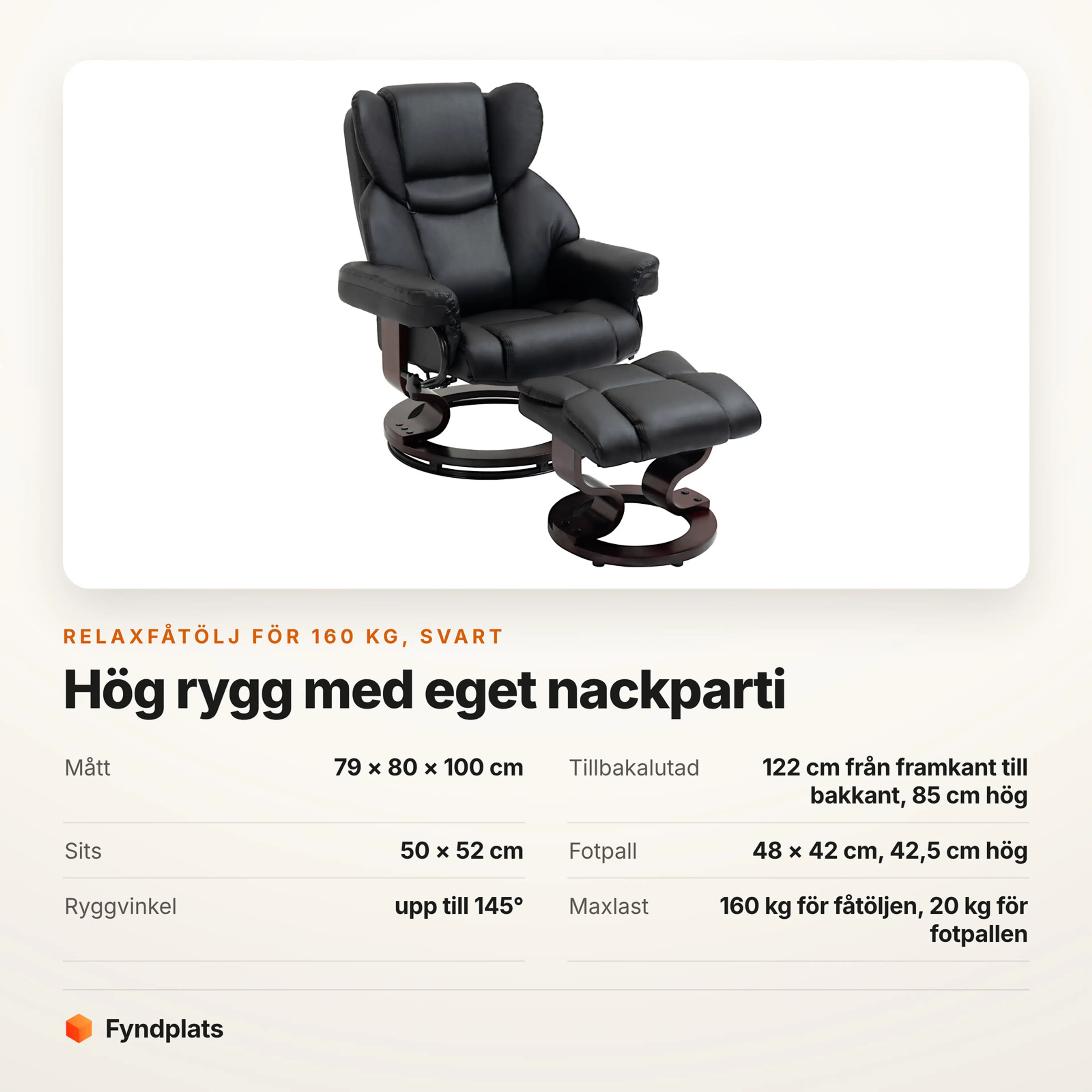 Svart relaxfåtölj med fotpall, mått och maxlast 160 kg