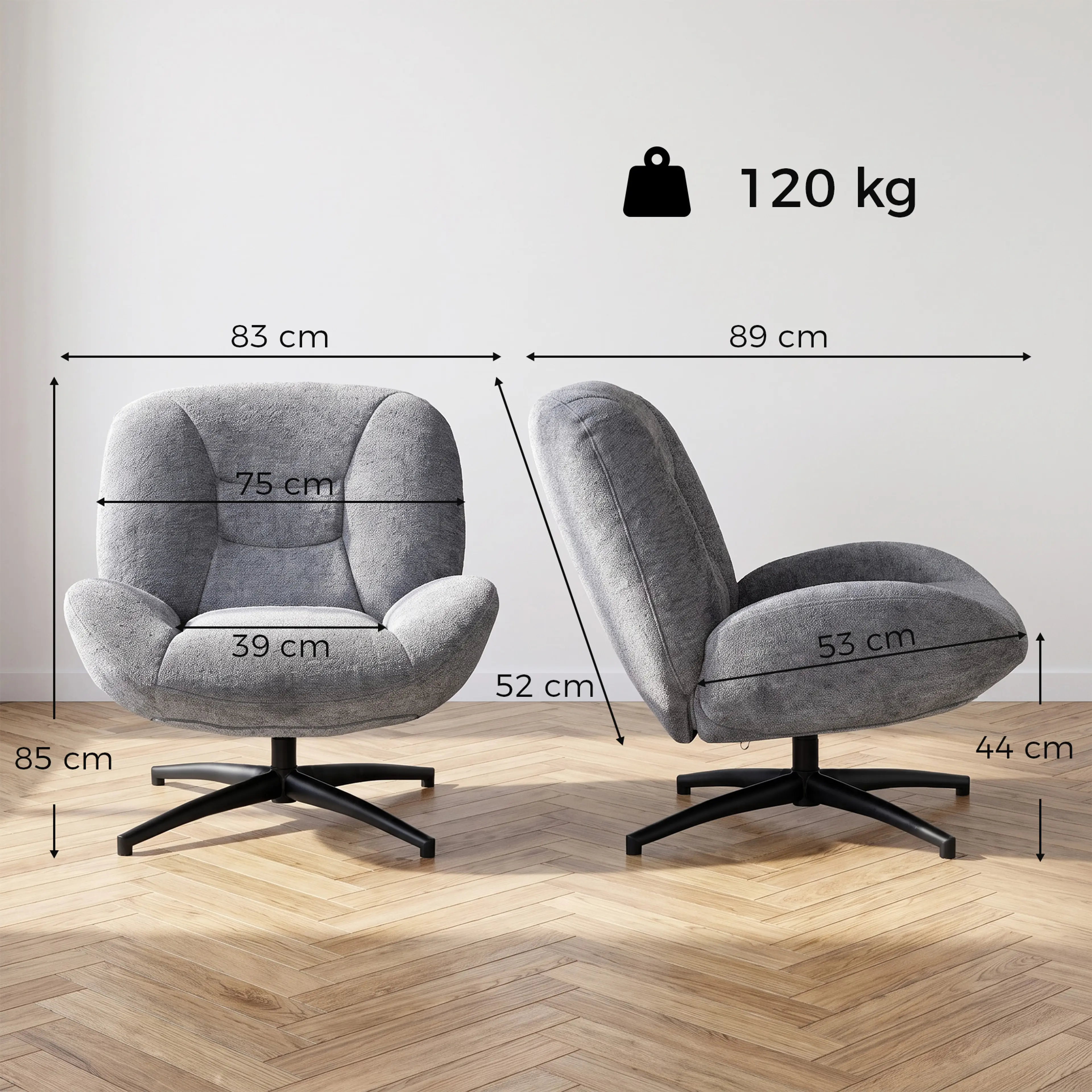 Måttbild: fåtöljen är 83 cm bred, 89 cm djup och 85 cm hög, med 44 cm sitthöjd, och tål 120 kg