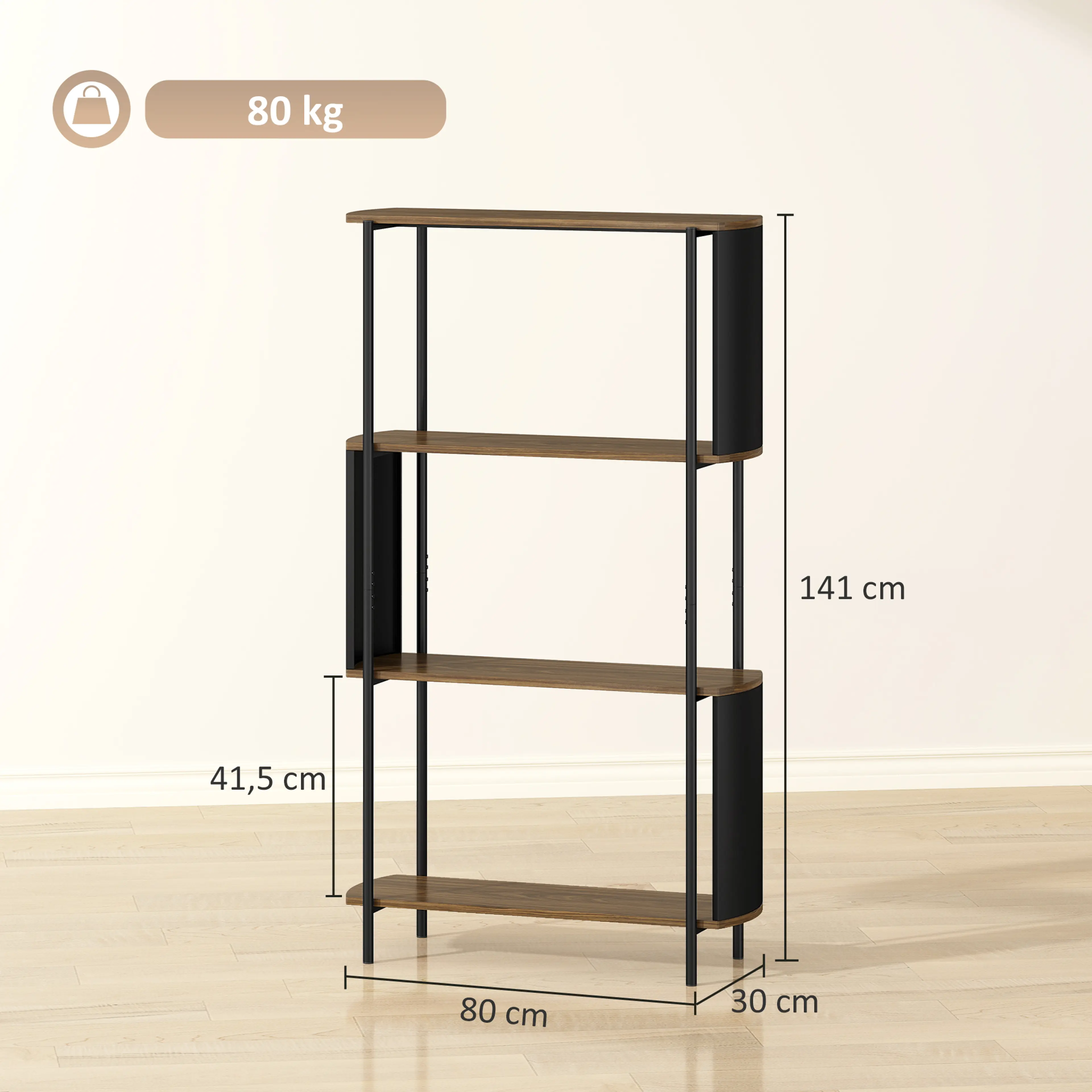 Måttbild: hyllan mäter 80 × 30 × 141 cm, har 41,5 cm mellan planen och bär 80 kg