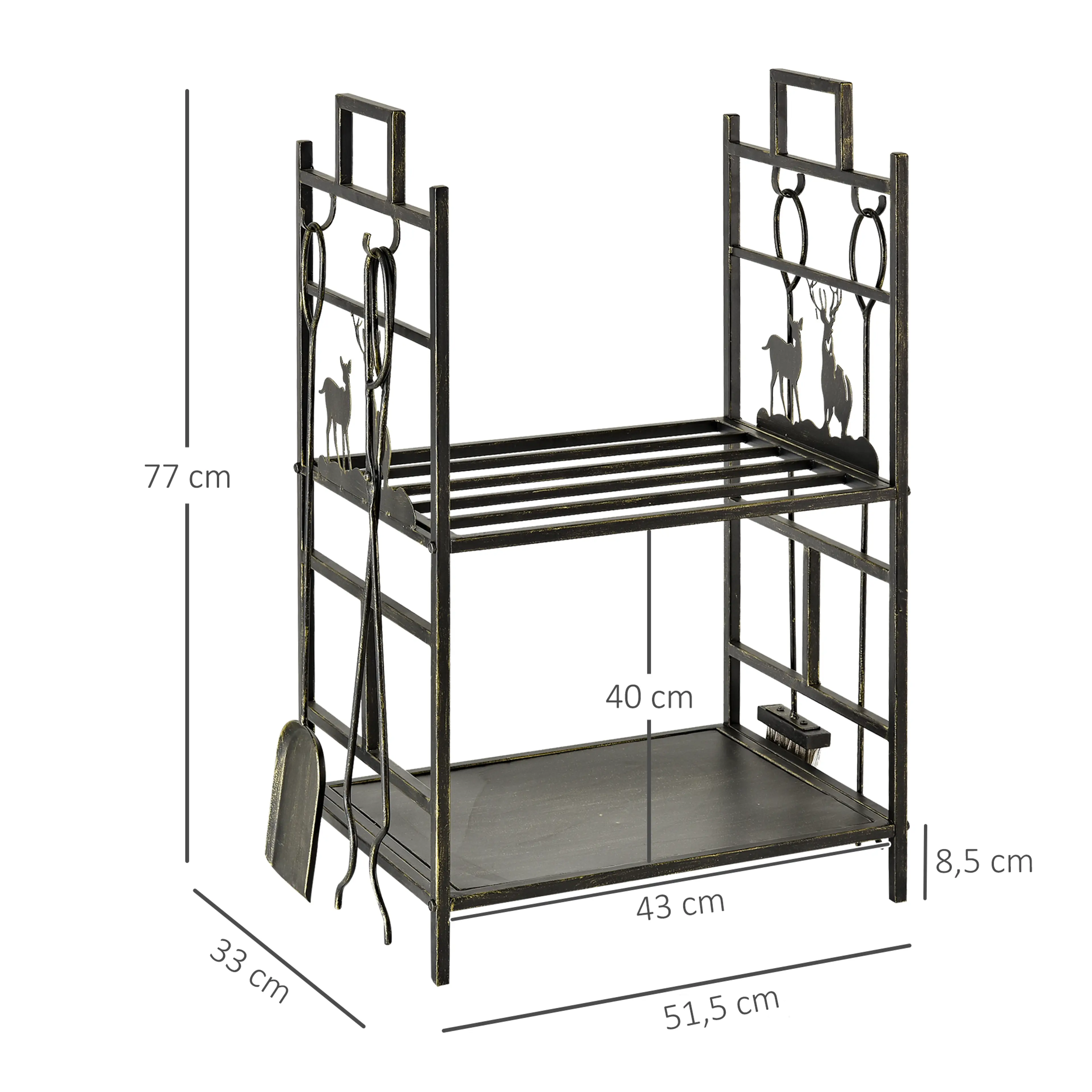 Måttskiss: 51,5 cm bred, 33 cm djup och 77 cm hög med hyllplan på 8,5 och 40 cm