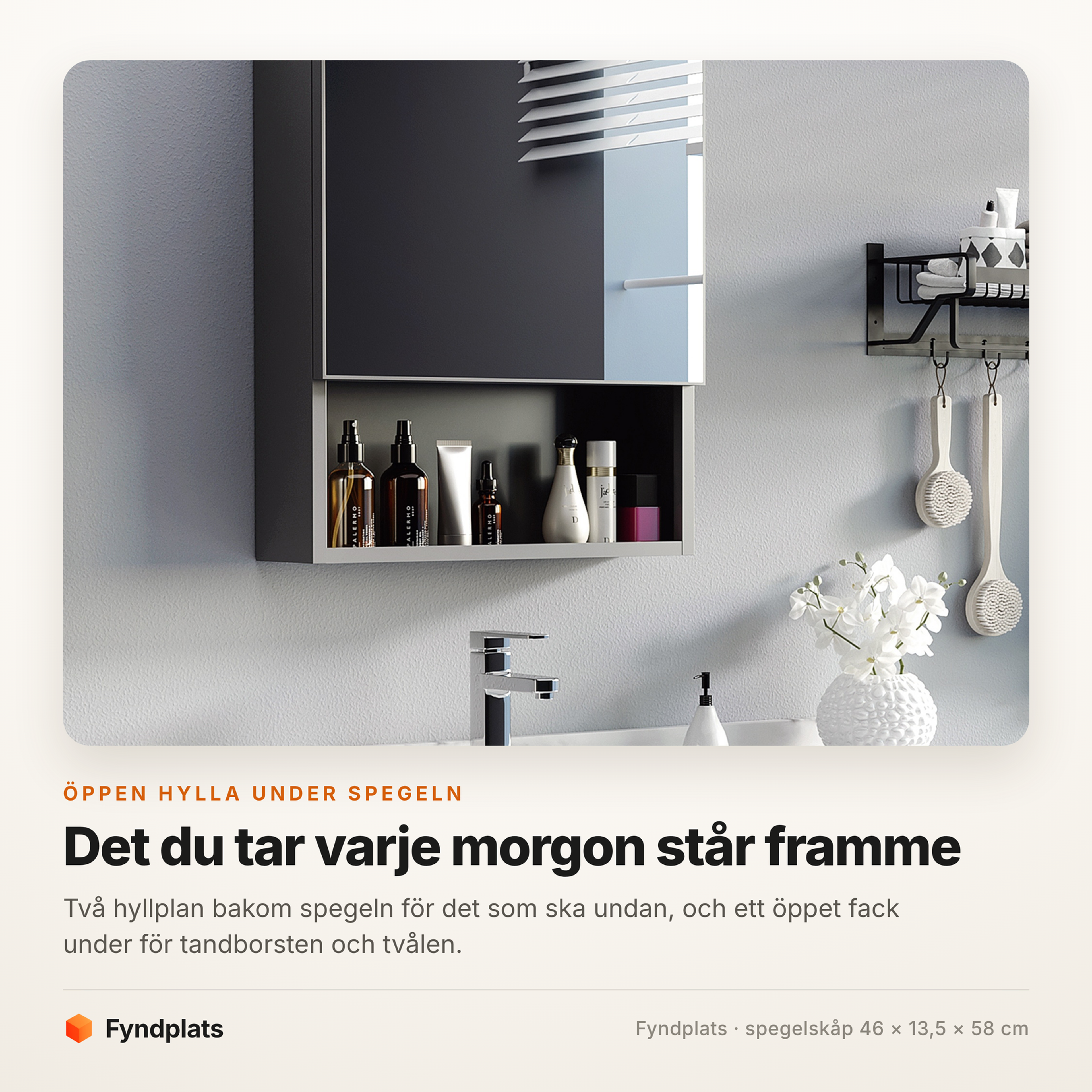 Spegelskåp 46 × 58 cm med öppen hylla – svart – bild 2