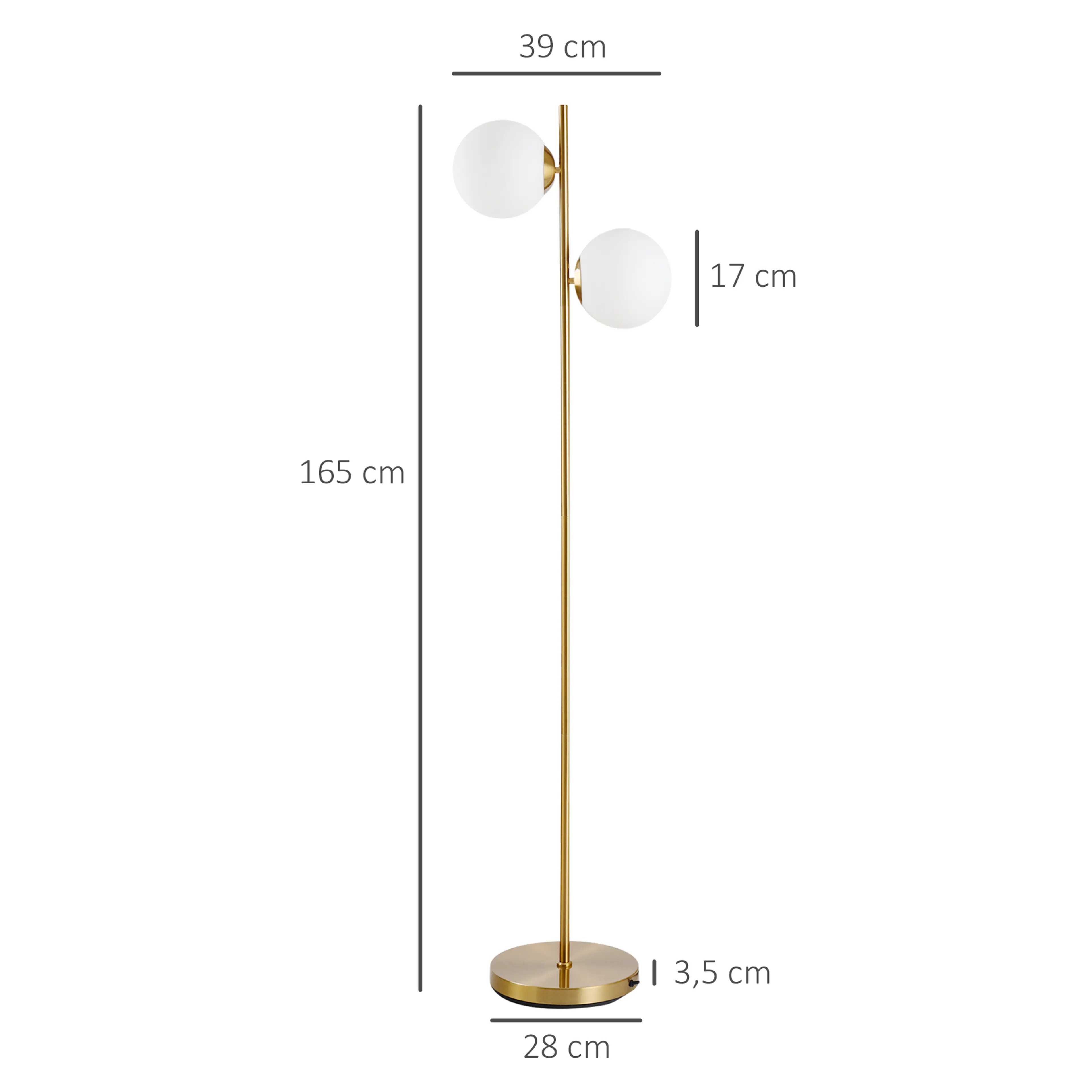 Golvlampa med två glasklot 165 cm – guldfärgad stam, två E27 – bild 4