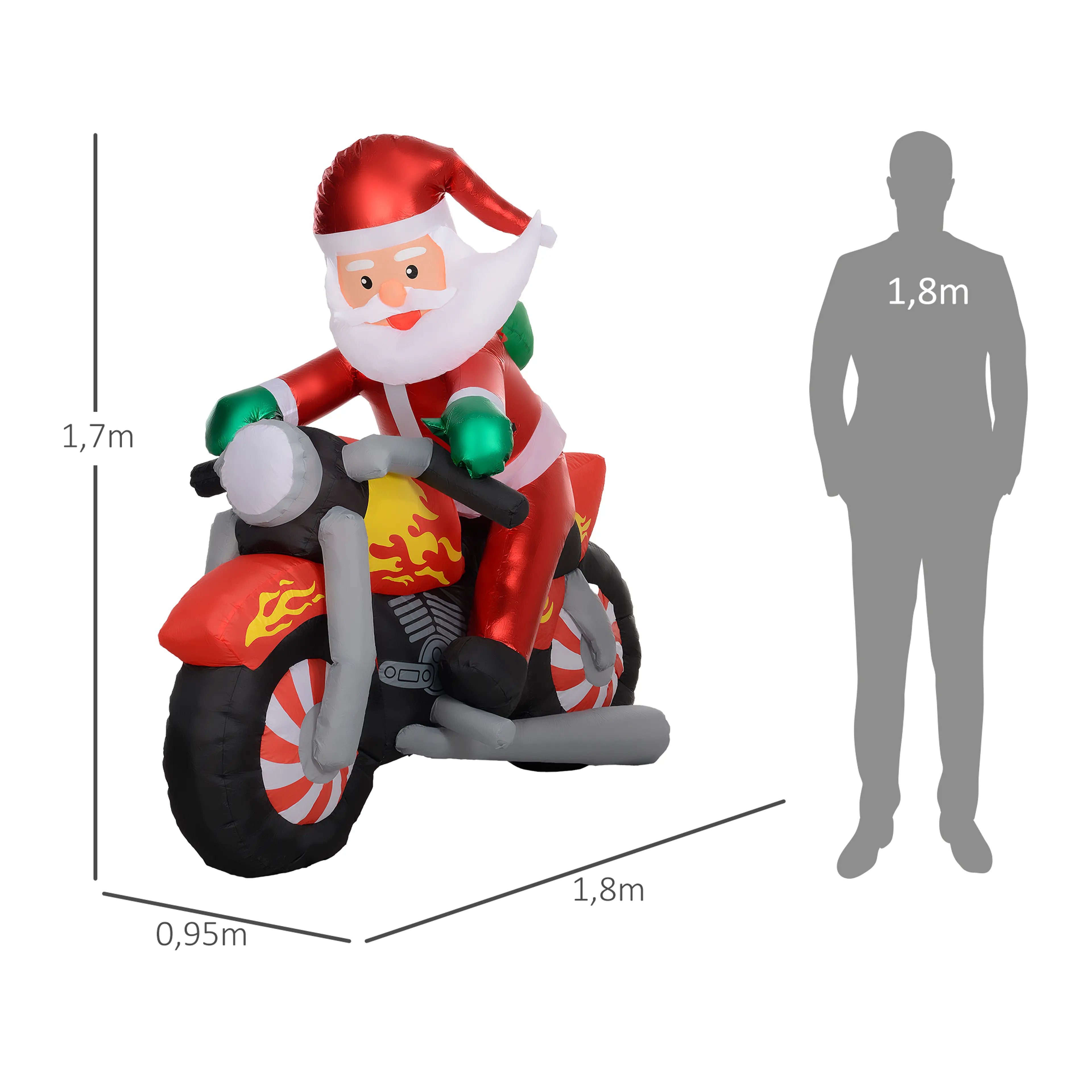 Måttbild: tomten på motorcykeln är 170 cm hög, 180 cm lång och 95 cm bred, bredvid en siluett av en människa