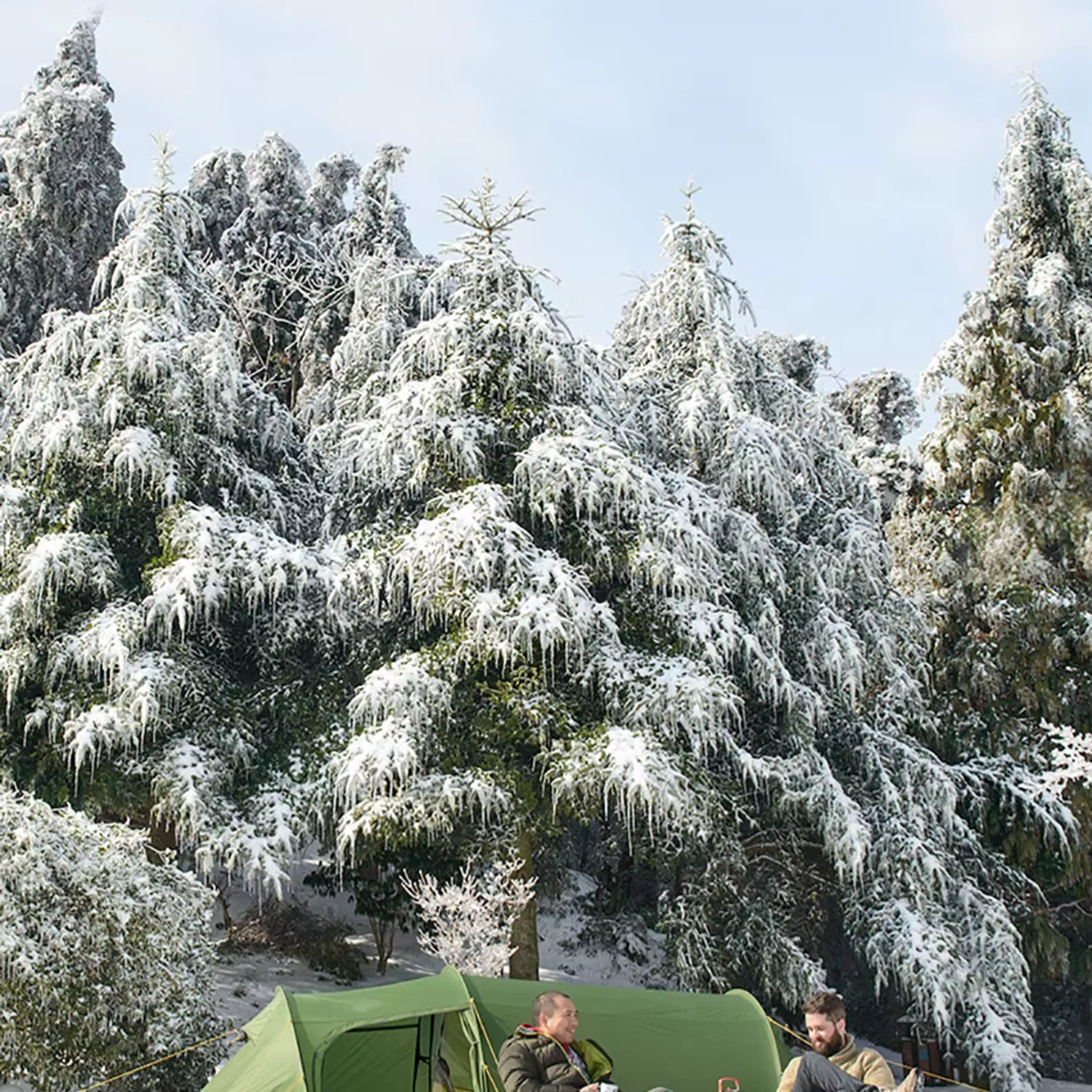 Grönt tunneltält uppspänt i snön framför snötyngda granar, med två personer på campingstolar vid förtältet