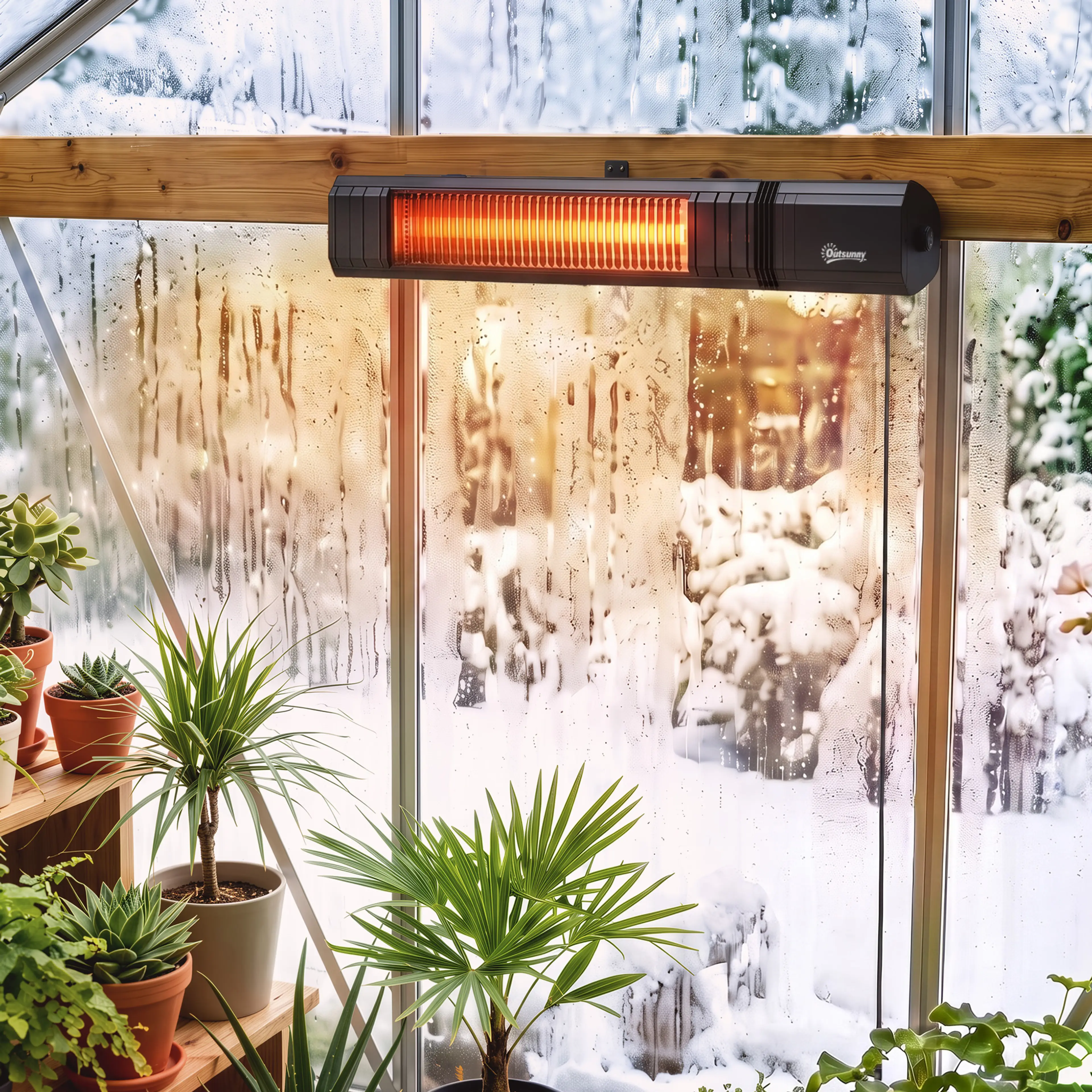 Samma infravärmare i ett vinterorangeri med snö utanför och krukväxter innanför