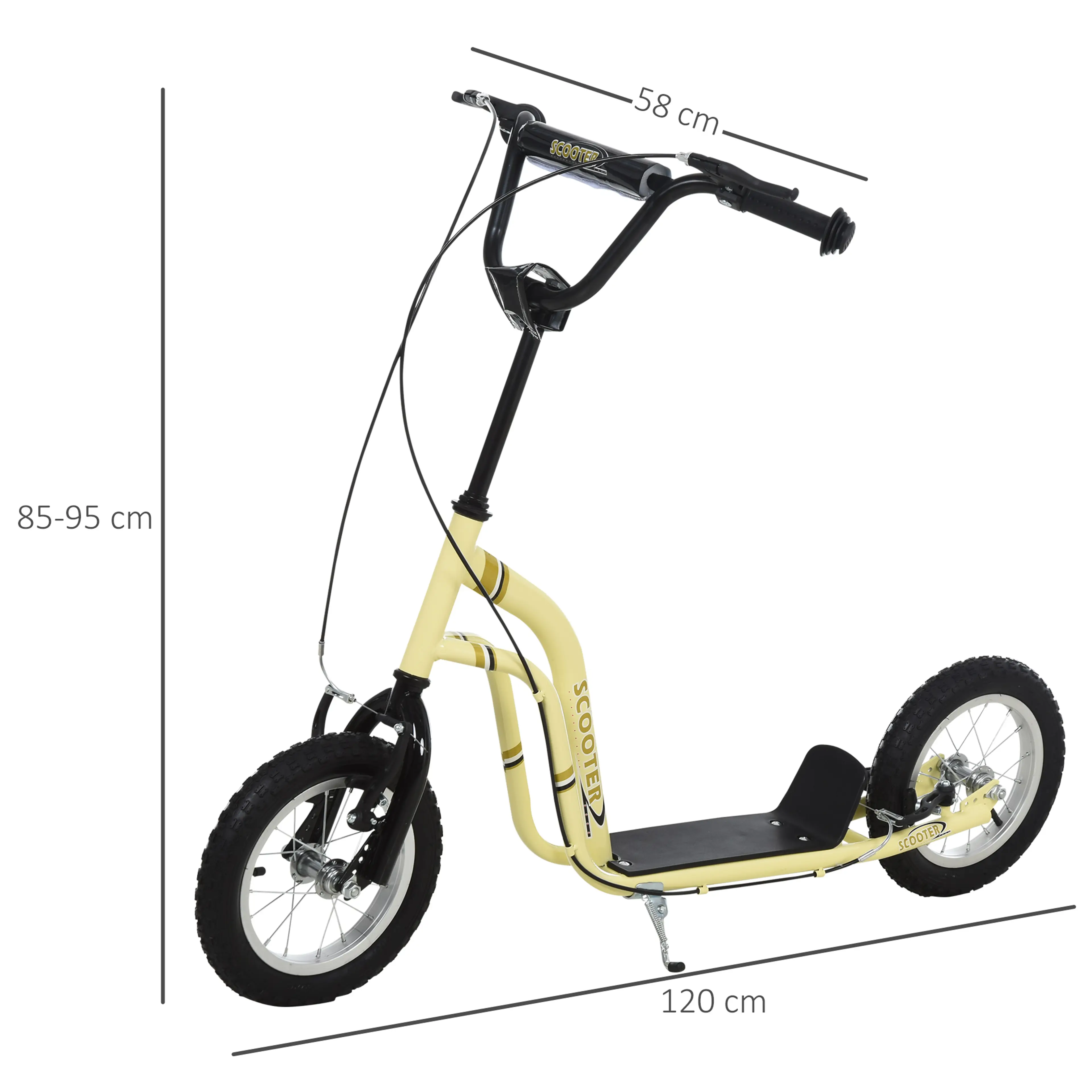 Måttskiss av den gräddbeige sparkcykeln: 120 cm lång, 58 cm bred, styre 85–95 cm