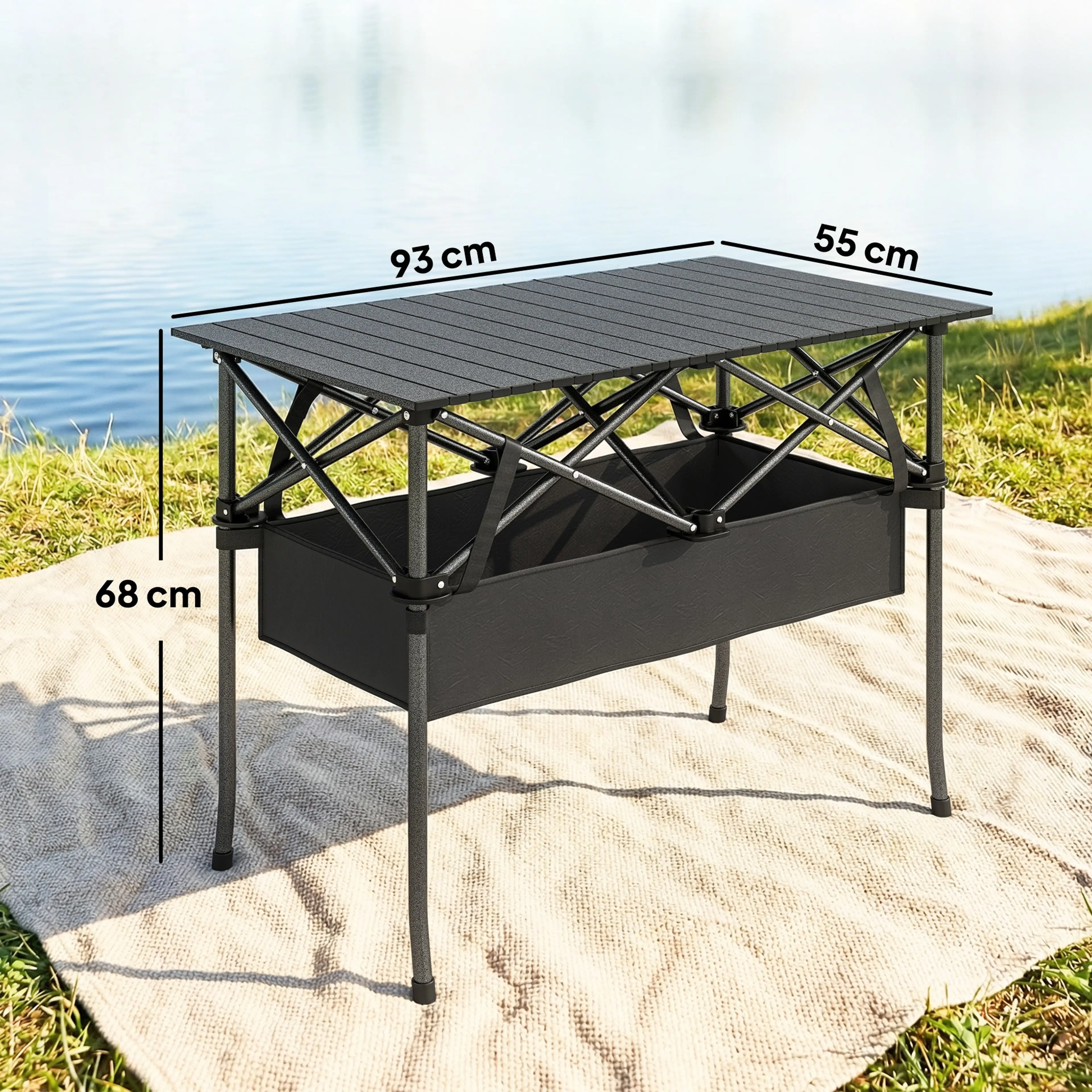 Måttskiss på campingbordet med 93 cm bredd, 55 cm djup och 68 cm höjd.