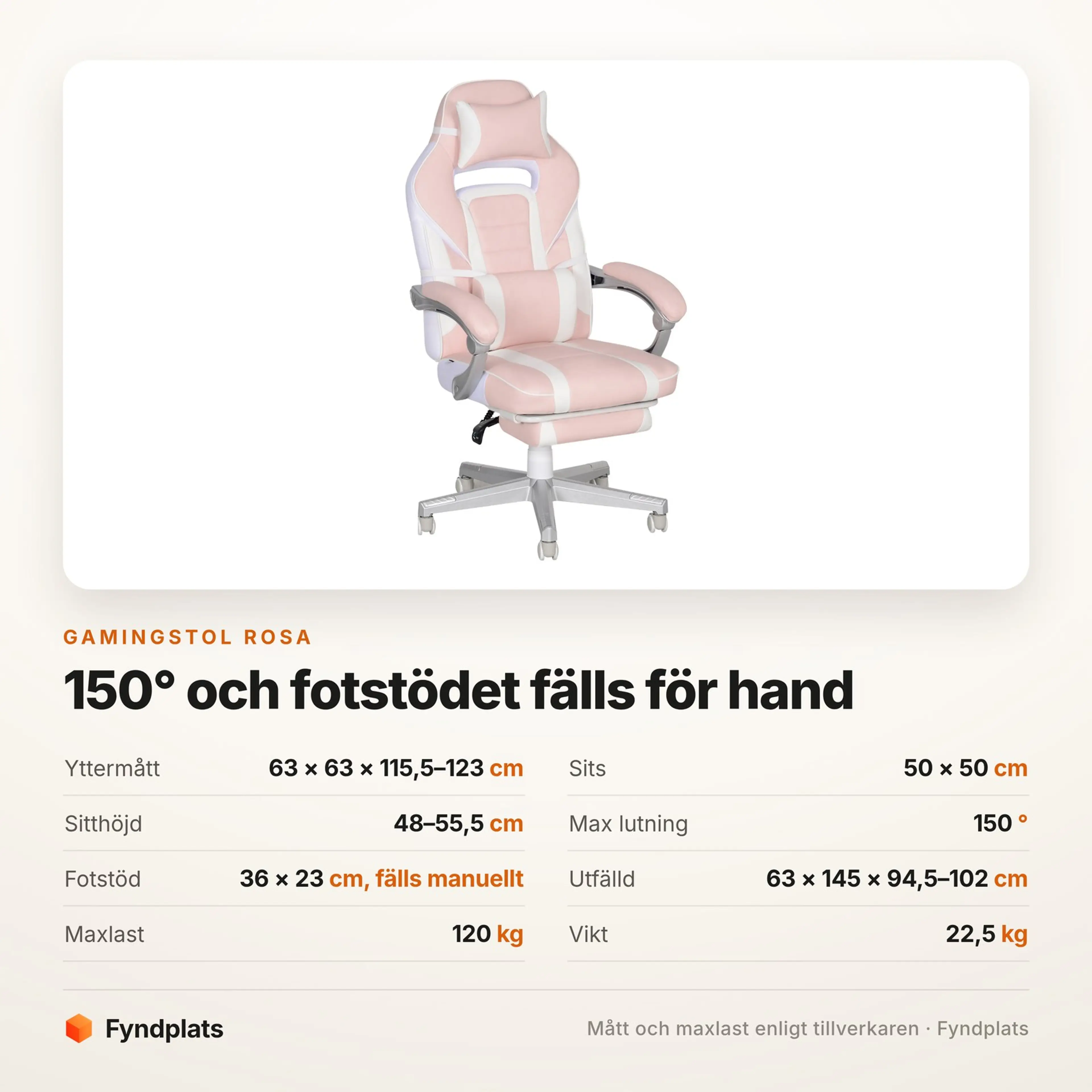 Spec-kort för gamingstolen: 150° lutning, sitthöjd 48–55,5 cm, fotstöd 36 × 23 cm och 120 kg maxlast