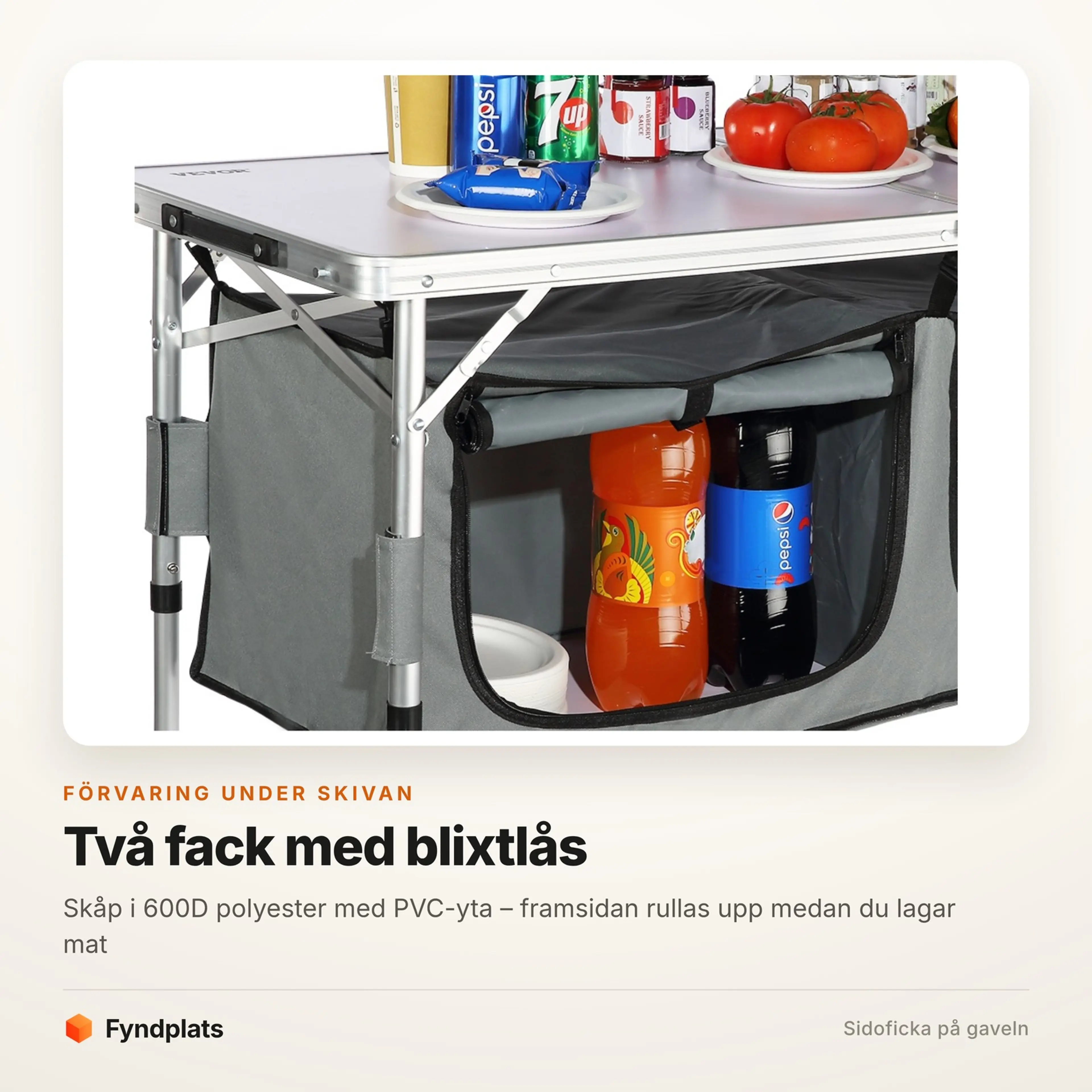 Närbild på campingbordets förvaringsskåp i grå väv med två fack som stängs med blixtlås