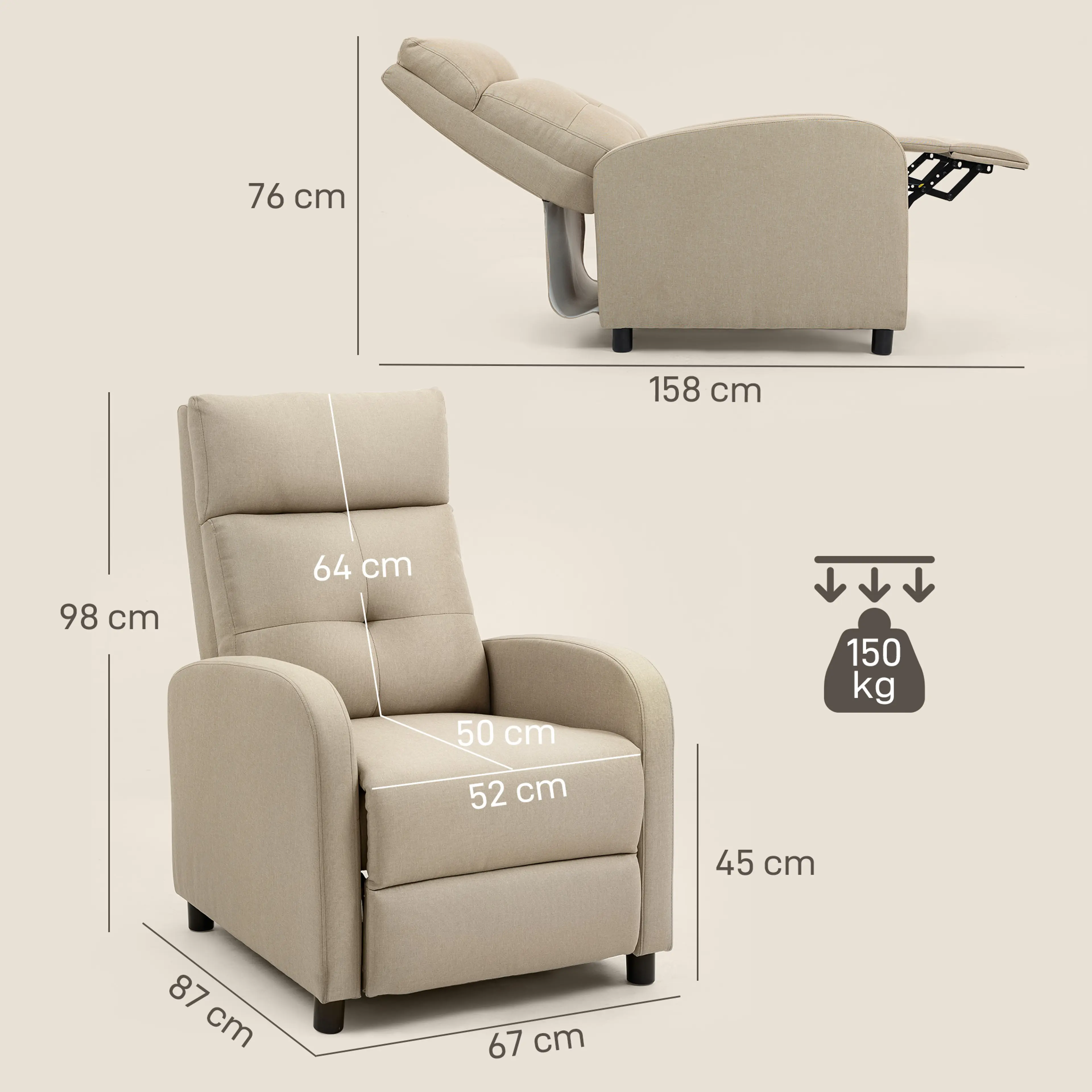 Vilfåtölj med fjäderkärna, rygg till 155°, bär 150 kg – beige – måttritning